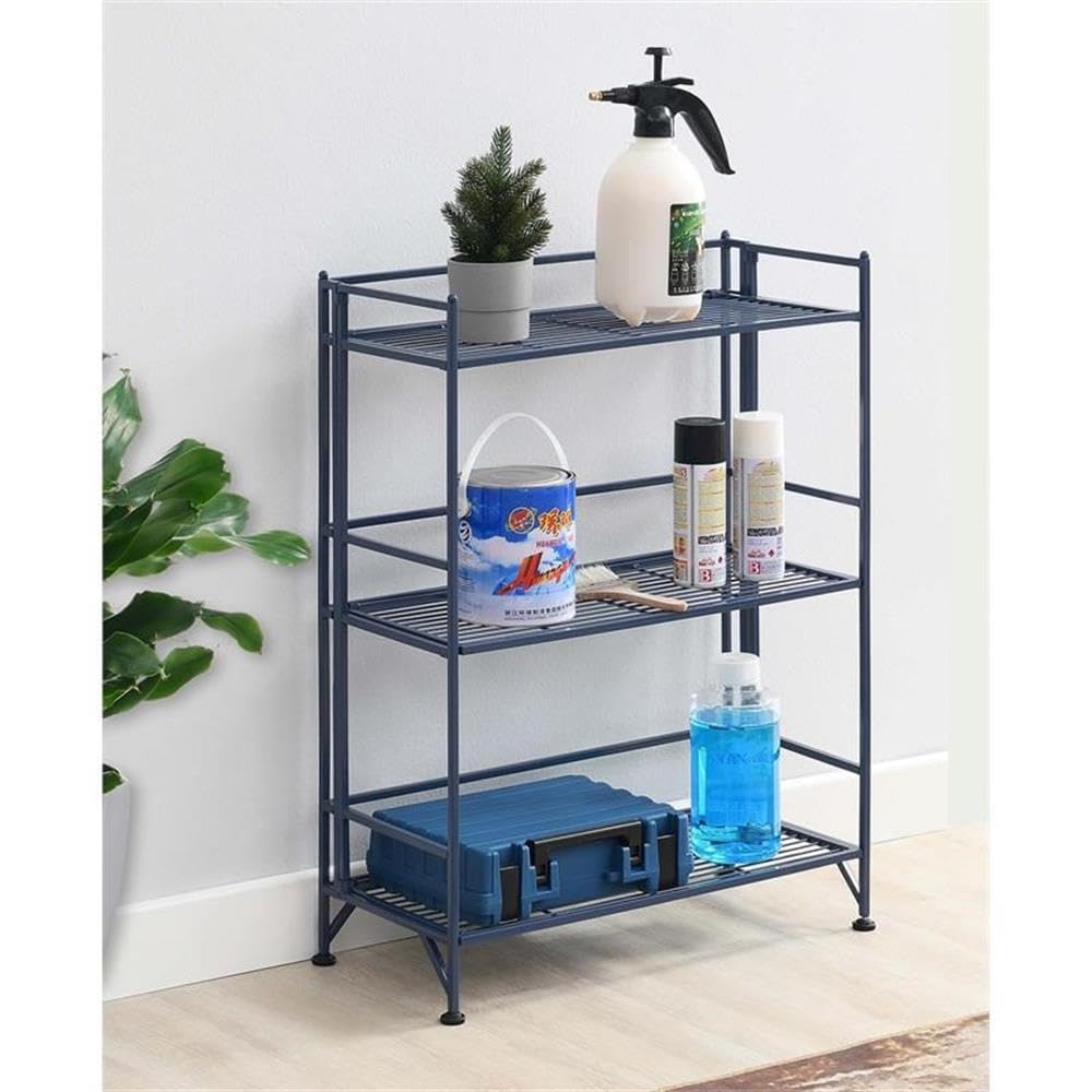 3-Tier Wide Folding Metal Storage Shelves - Space Saving Closet Organizer for Office, Laundry, Bedroom, Garage | Heavy Duty Cobalt Blue Shelving Unit | Perfect for Small Spaces & Home Organization