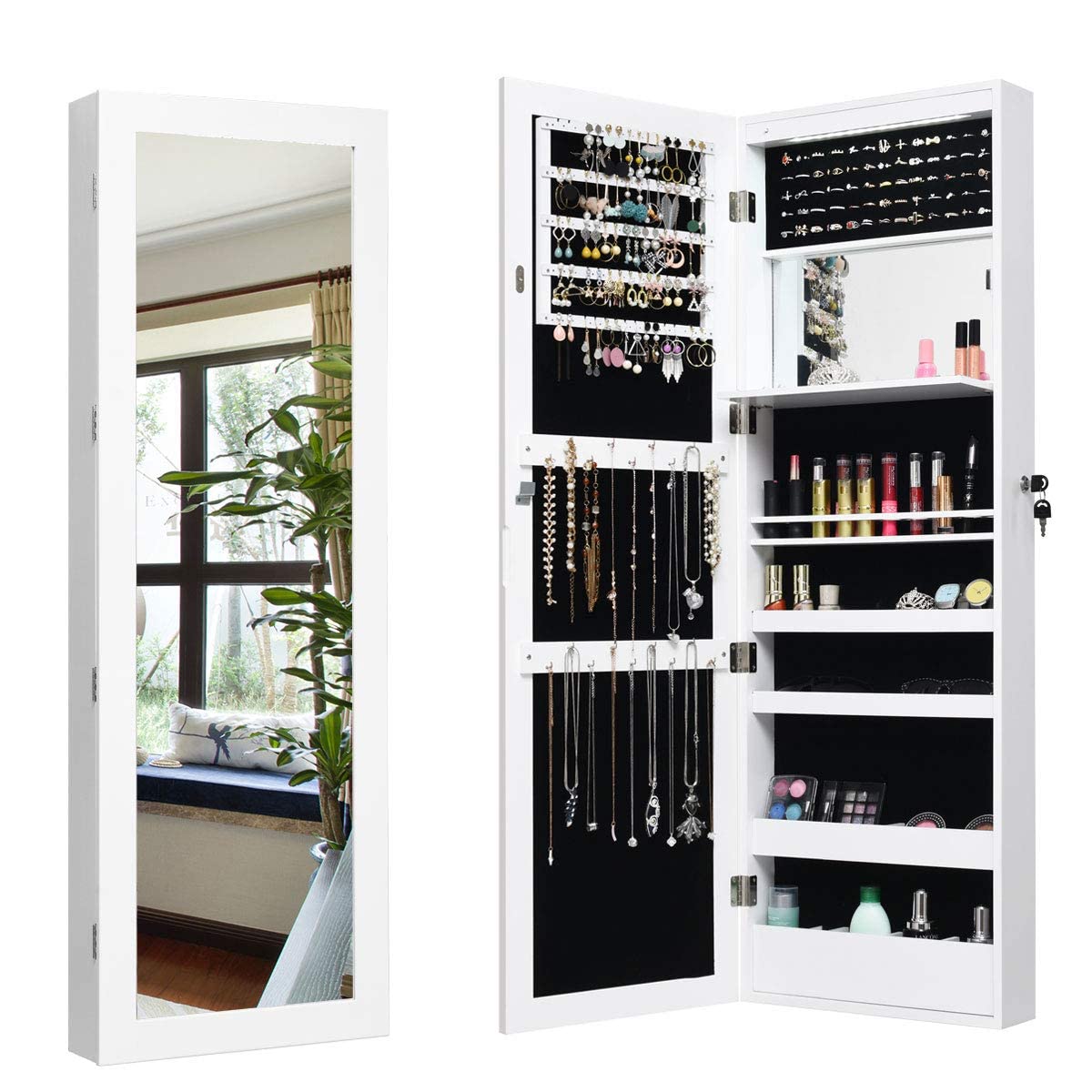 MAT EXPERT 15-LED Lighted Jewelry Armoire with Full-Length Mirror - Wall/Door Mounted Lockable Jewelry Cabinet Organizer for Bedroom, Dressing Room & Makeup Display - White Jewelry Storage Solution for Necklaces, Rings & Accessories