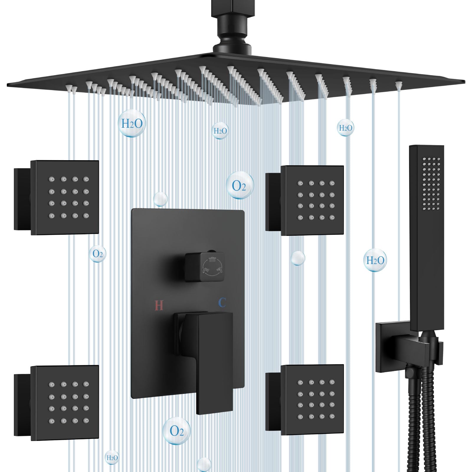 Airuida Matte Black Square 12 Inch Ceiling Mount Shower System - SUS304 Rain Mixer Shower Head with Brass Handheld Spray & 4 Body Jets - Modern Bathroom Fixture for Spa-Like Experience