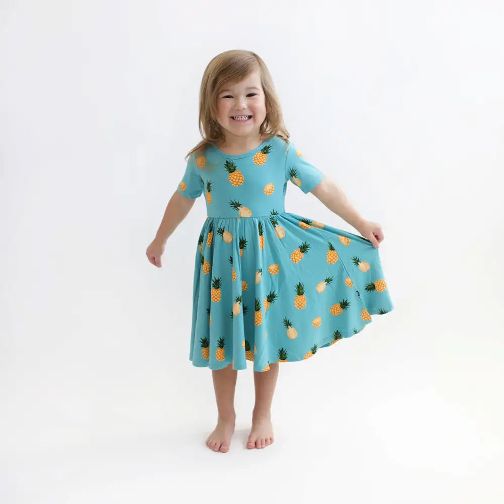 Kyte Baby Twirl Dress in Pineapple Print - Soft Cotton Toddler Girls' Summer Dress for Playdates, Parties & Photo Shoots