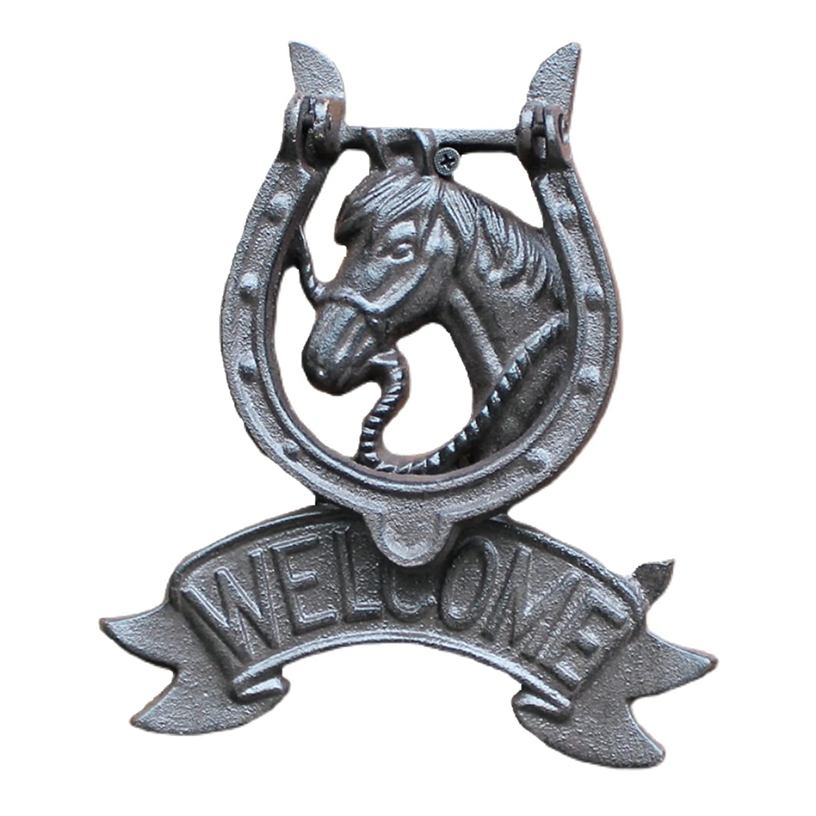 Rustic Horse Welcome Door Knocker - Farmhouse Style Outdoor Hanging Gate Handle for Front Doors, Barn Doors & Wood Doors - Heavy Duty Hardware Included - Perfect for Country Homes, Ranch Houses & Cabin Entryways