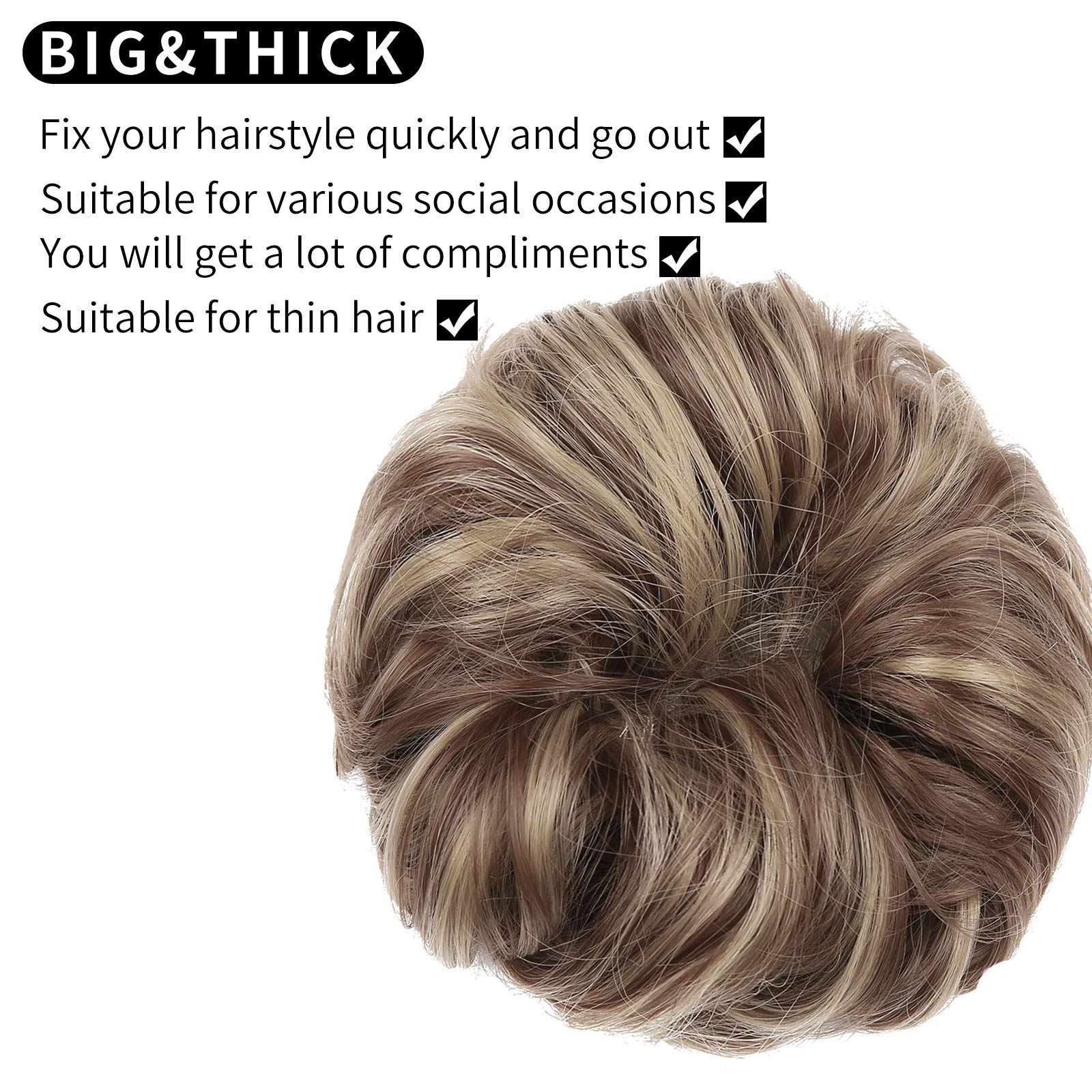 Messy Bun Hair Piece - Qunlinta Thick Updo Scrunchies Hair Extensions for Women & Girls (Light Brown Mix Ash Blonde) - Perfect for Casual, Work & Party Hairstyles