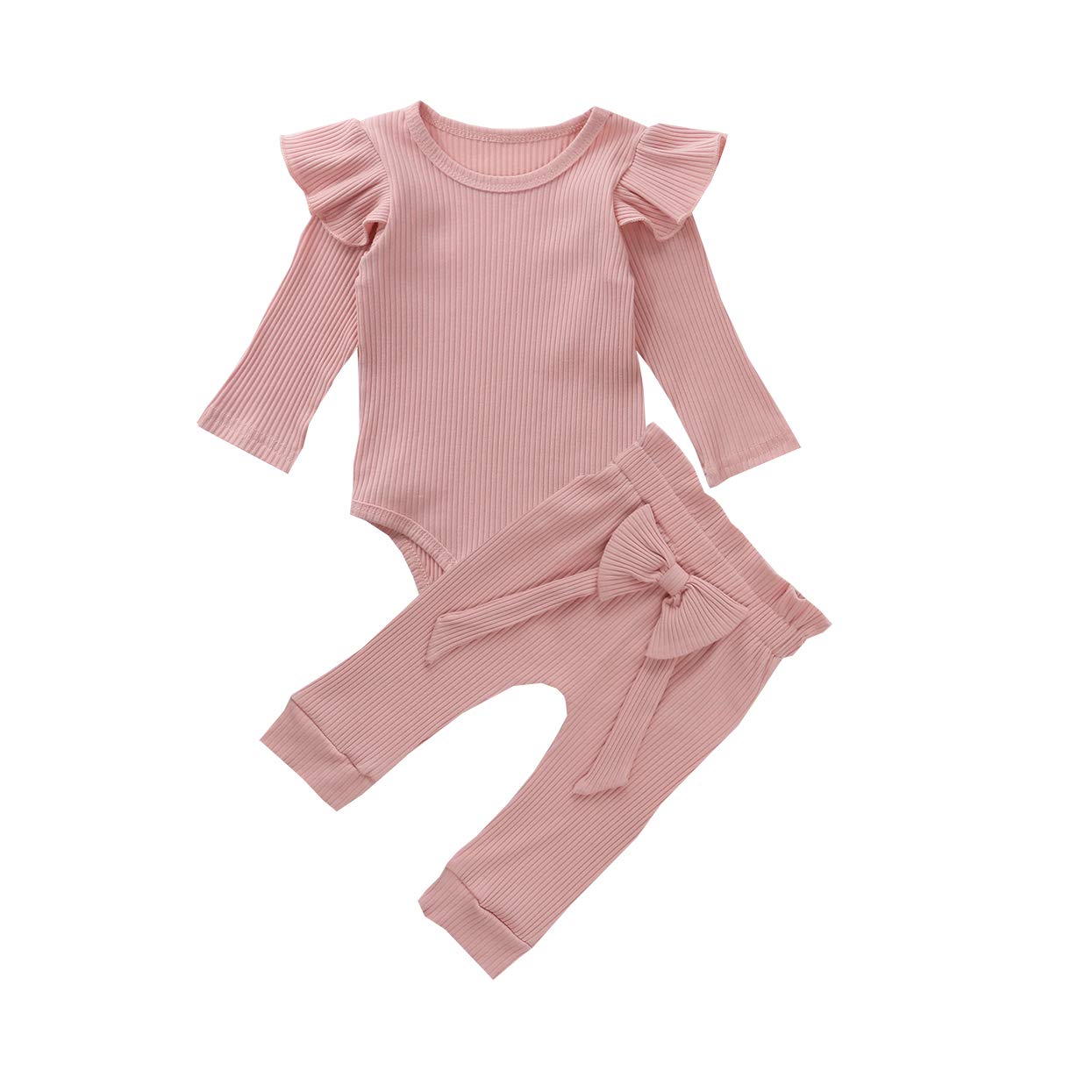 Baby Girl Knit Romper & Bow-Knot Pants Set - Soft Long Sleeve Ruffle Jumpsuit & Matching Pants 2PC Outfit | Perfect for Photoshoots, Parties & Everyday Wear