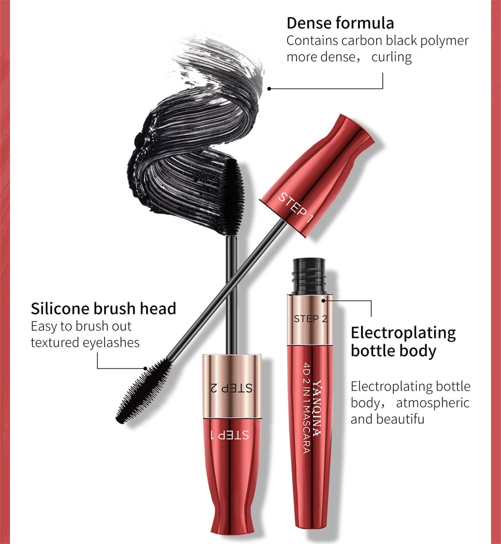 DSQXLW 4D Silk Fiber Lash Mascara - 2 in 1 Waterproof Mascara for Lengthening & Voluminous Lashes, Smudge-Proof with Dual Brush Heads (Pack of 1) | Perfect for Daily Makeup, Party & Special Occasions