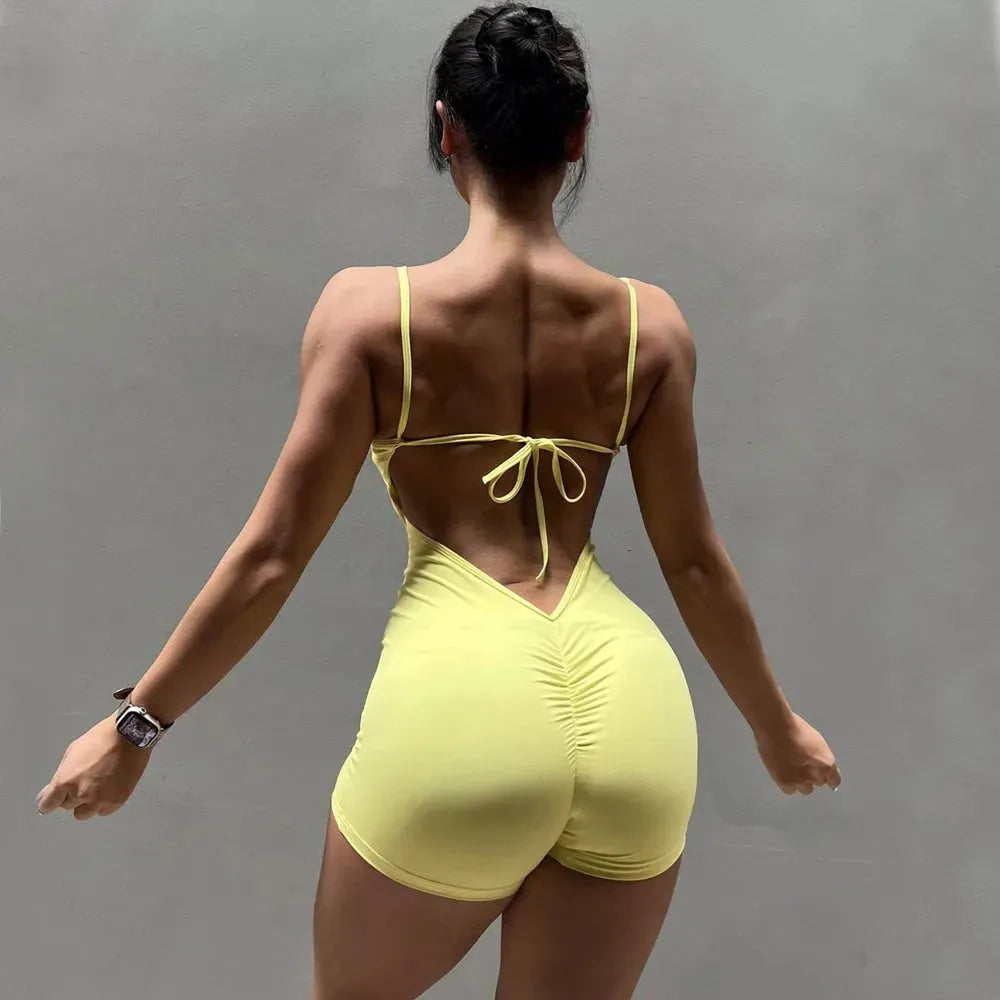 2024 Women's Nylon Yoga Set - Backless One Piece Jumpsuit with Scrunch Shorts | Gym Bodysuit for Workout & Fitness | Perfect for Yoga, Pilates, Running and Gym Training