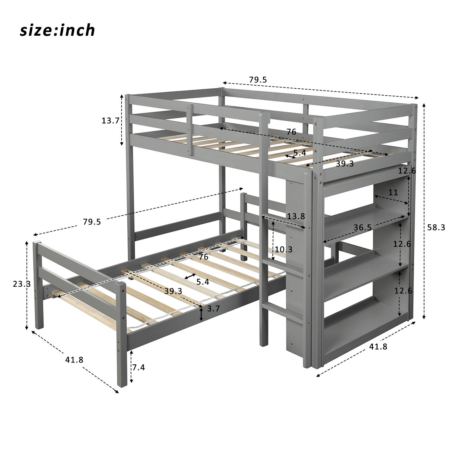 Solid Wood Twin Over Twin L-Shaped Bunk Bed with Shelves & Ladder - Convertible to Loft Bed & Twin Platform Bed, No Box Spring Needed (Grey & Pinewood) - Perfect for Kids' Bedrooms, Guest Rooms & Small Spaces