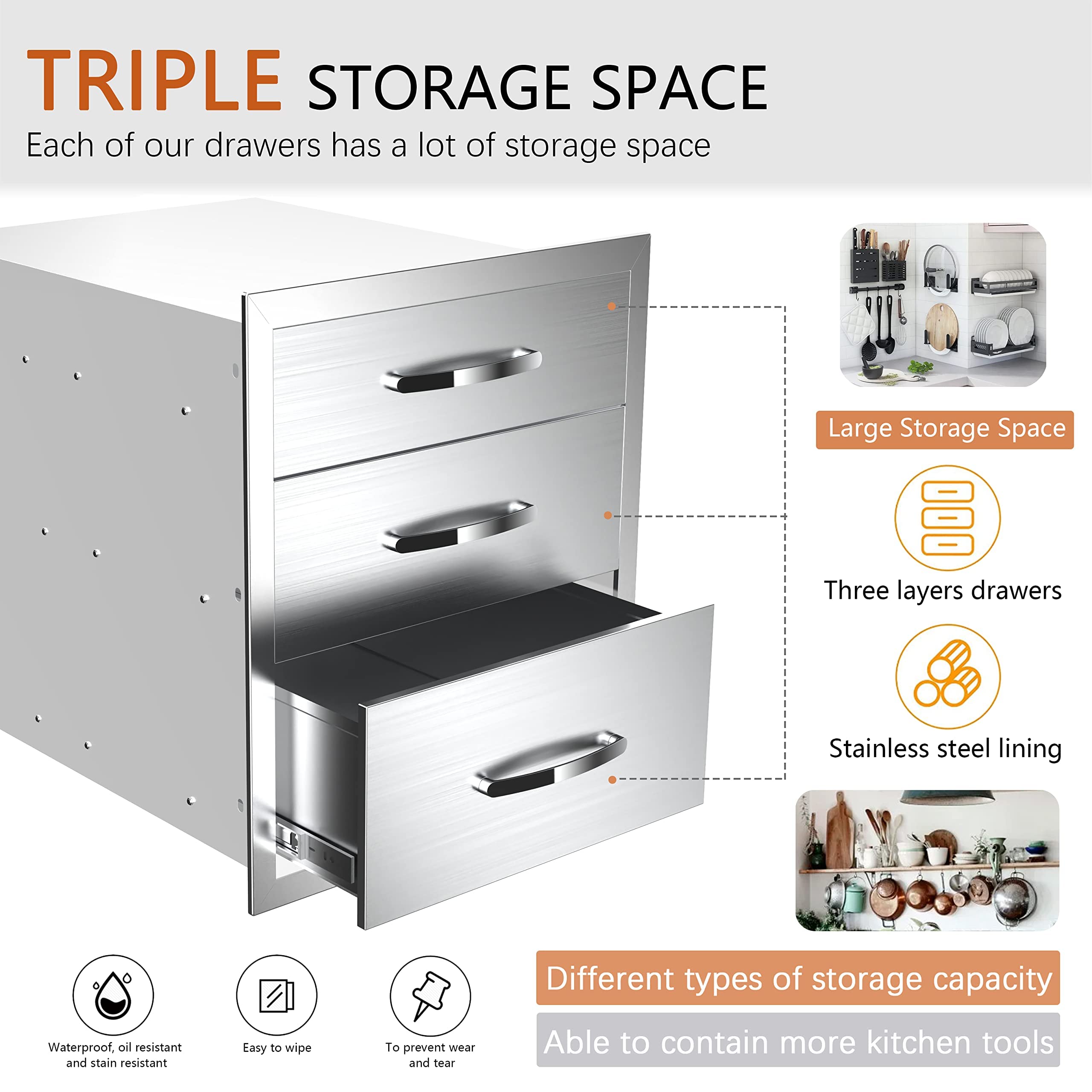 Premium Stainless Steel Outdoor Kitchen Drawer 14W x 21H x 23D Inch - Flush Mount BBQ Storage Drawer for Grill Island & Patio Cooking Station - Perfect for Backyard Entertaining, Poolside BBQs & Outdoor Dining Areas