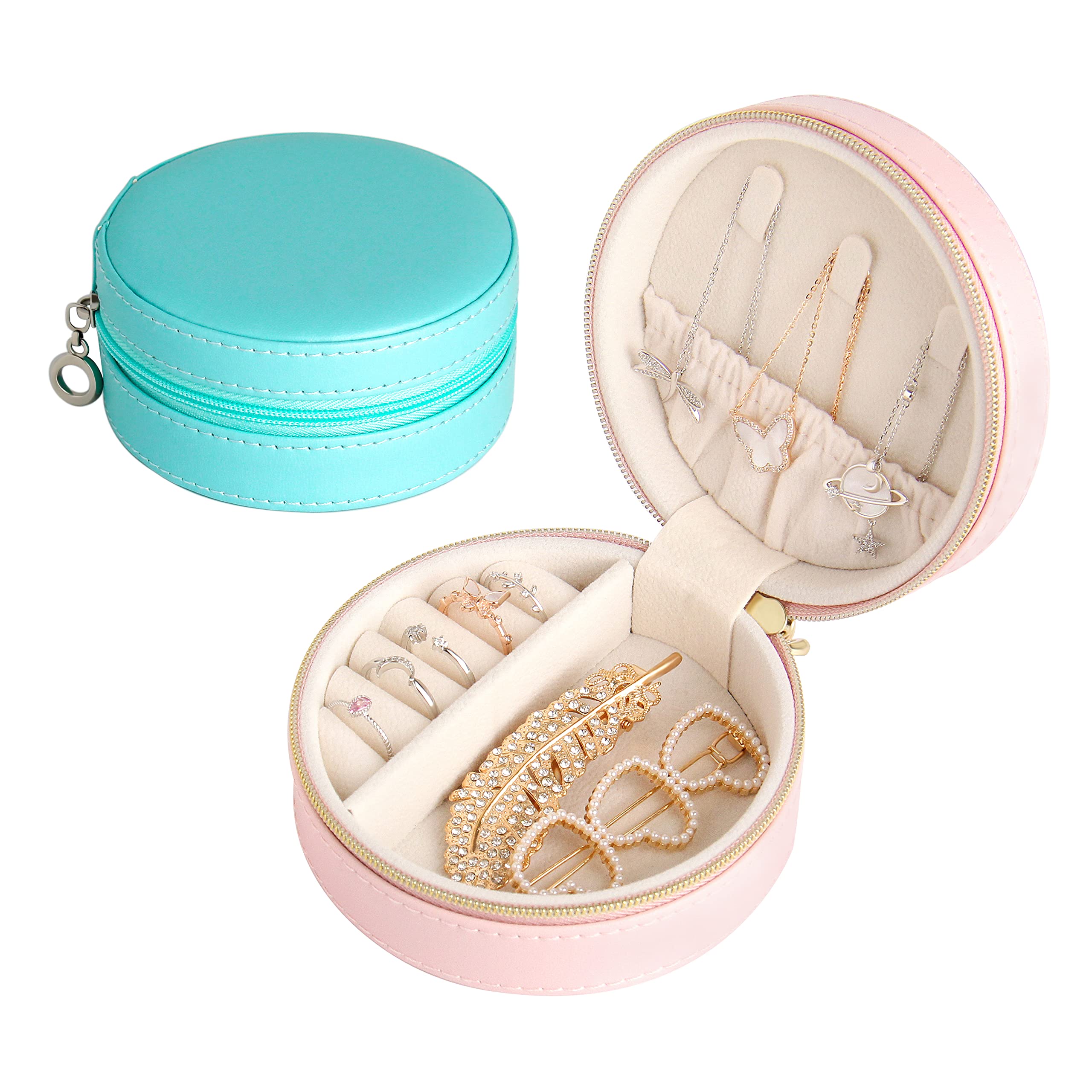 Portable PU Leather Travel Jewelry Box Organizer with Zipper - Small Jewelry Storage Case Holder for Necklaces, Rings & Earrings (Pink) | Perfect for Vacation, Business Trips & Daily Use