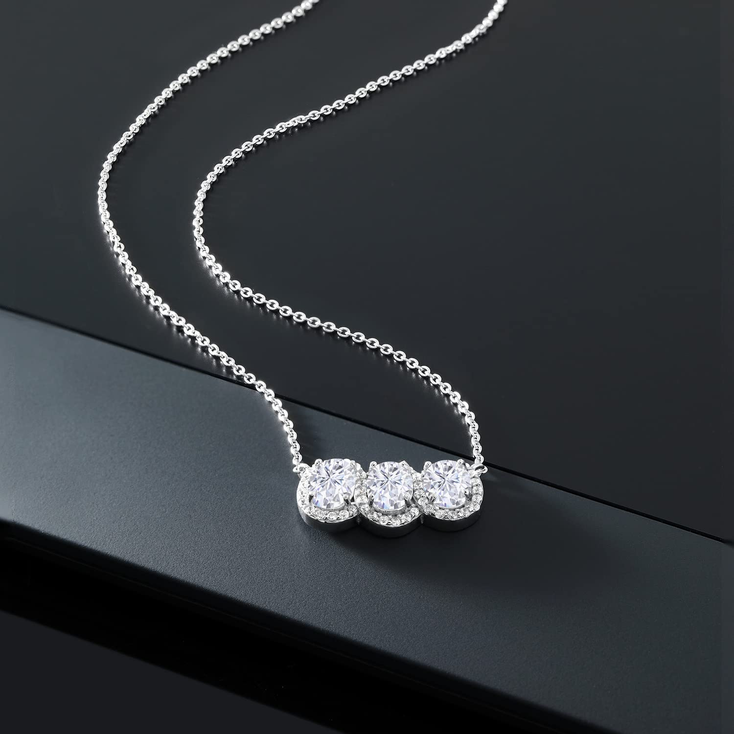 Gem Stone King 925 Sterling Silver Birthstone Necklace for Women | 3 Stone Oval Pendant (7x5mm) with 18