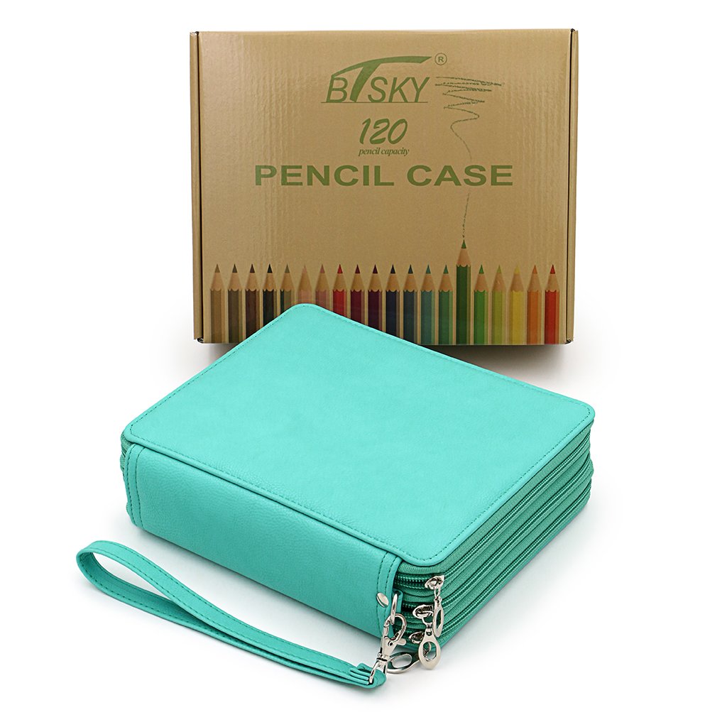 BTSKY Deluxe PU Leather Pencil Case for Colored Pencils - 120 Slot Large Capacity Artist Pencil Holder with Handle Strap, Portable Art Supply Organizer for School, Office & Travel (Green)