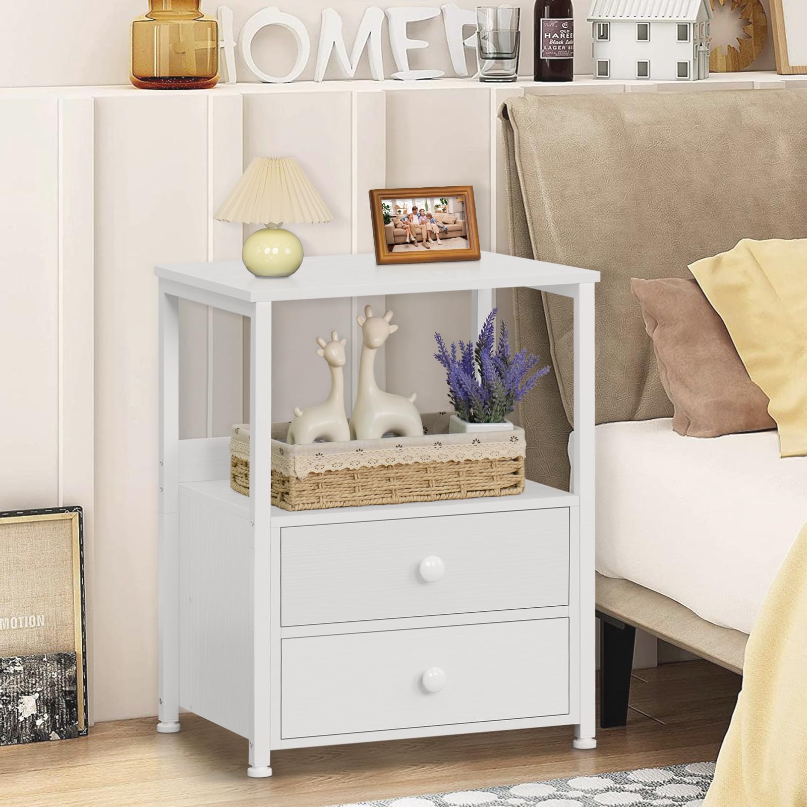 Industrial Nightstand with 2 Drawers & Open Shelf - Steel Frame Bedside Table for Bedroom & Living Room - Sturdy White End Table for Small Spaces - Perfect for Apartment, Dorm, Guest Room & Home Office