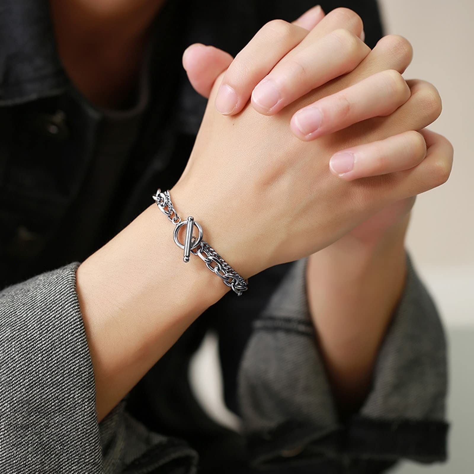 Men's Silver Stainless Steel Double-Layer Link Bracelet - Stylish & Durable Jewelry for Casual Wear, Date Night & Gifts