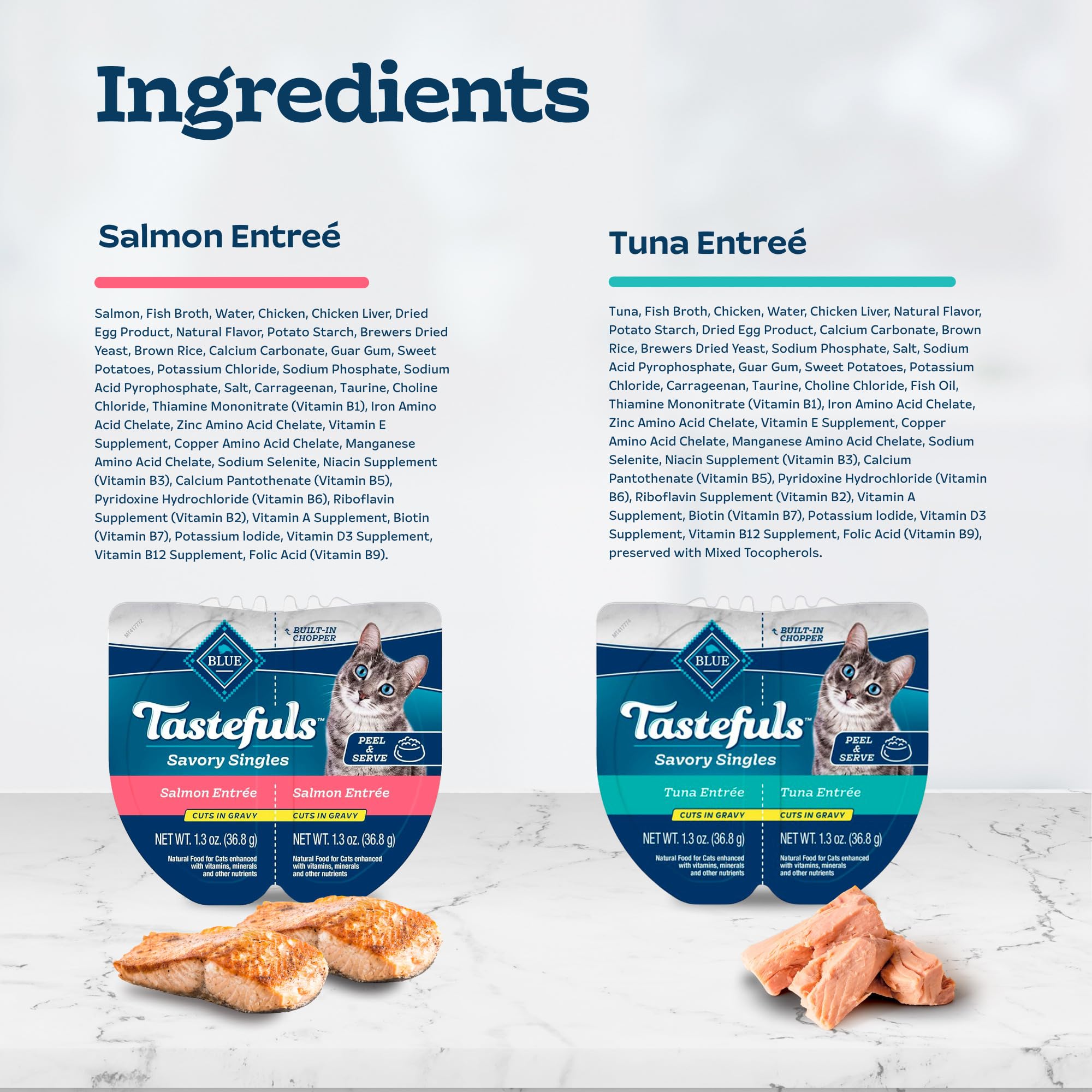 Blue Buffalo Tastefuls Savory Singles Natural Wet Cat Food Cuts in Gravy - Salmon & Tuna Variety Pack (12 Count, 2.6 oz Trays) | High Protein Grain-Free Cat Food for Adult & Senior Cats | Perfect for Mealtime, Travel & Picky Eaters