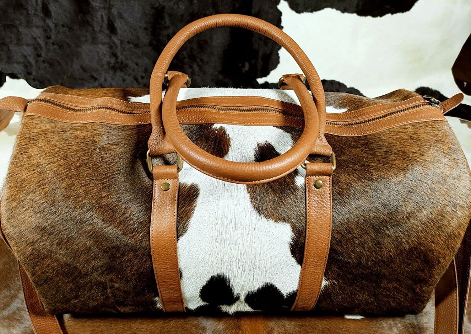 Genuine Cowhide Leather Duffel Bag - Large Exotic Travel & Gym Bag with Hair-on Hide - Choose Tricolor (Black/Brown/Tan) - Perfect for Overnight Trips, Sports & Business Travel