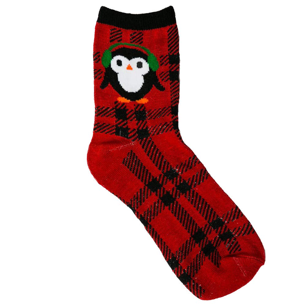 Women's Red Plaid Penguin Crew Socks - One Size Fits Most - Cozy Winter Socks for Women, Cute Animal Print Socks for Christmas Gifts, Lounge & Home Wear