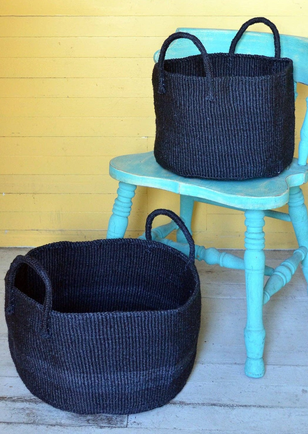 Usiku Black Sisal Kamba Floor Basket - Handwoven Natural Fiber Storage Bin for Home Organization | Perfect for Living Room, Bedroom, or Nursery Decor