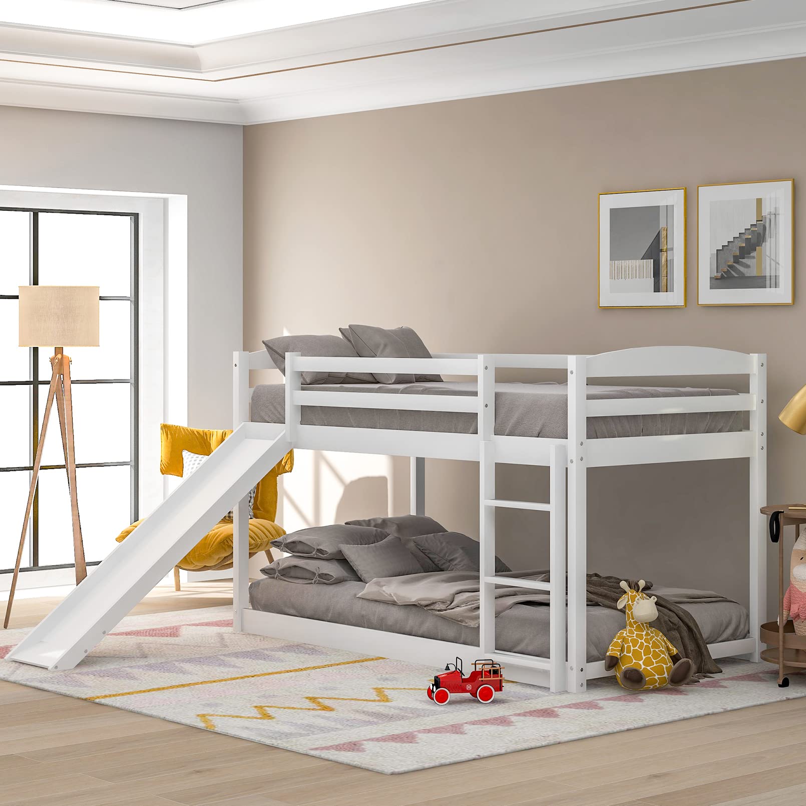 Twin Over Twin Wooden Bunk Bed with Convertible Slide & Ladder - Sturdy Wood Slat Support for Kids, Teens & Adults - No Box Spring Needed - White - Perfect for Small Bedrooms, Dorm Rooms & Vacation Homes
