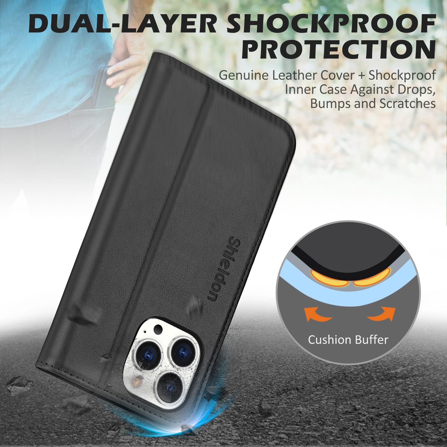 SHIELDON Genuine Leather Wallet Case for iPhone 15 Pro Max 6.7