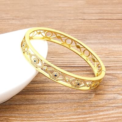 14K Gold Plated Evil Eye Cuff Bracelet for Women - Cubic Zirconia Charm Bangle with Copper Accents (14 Styles) - Protection Jewelry for Everyday Wear, Gift Ideas & Spiritual Healing