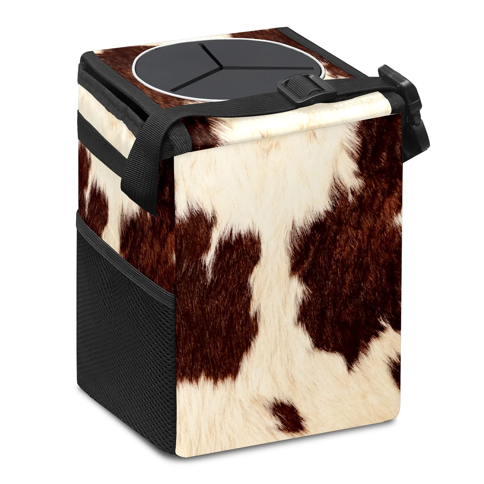 Western Cowhide Car Trash Can with Lid - Collapsible Reusable Waterproof Auto Garbage Bin for Car, Truck & SUV | Car Accessories Interior Organizer for Road Trips, Commuting & Camping
