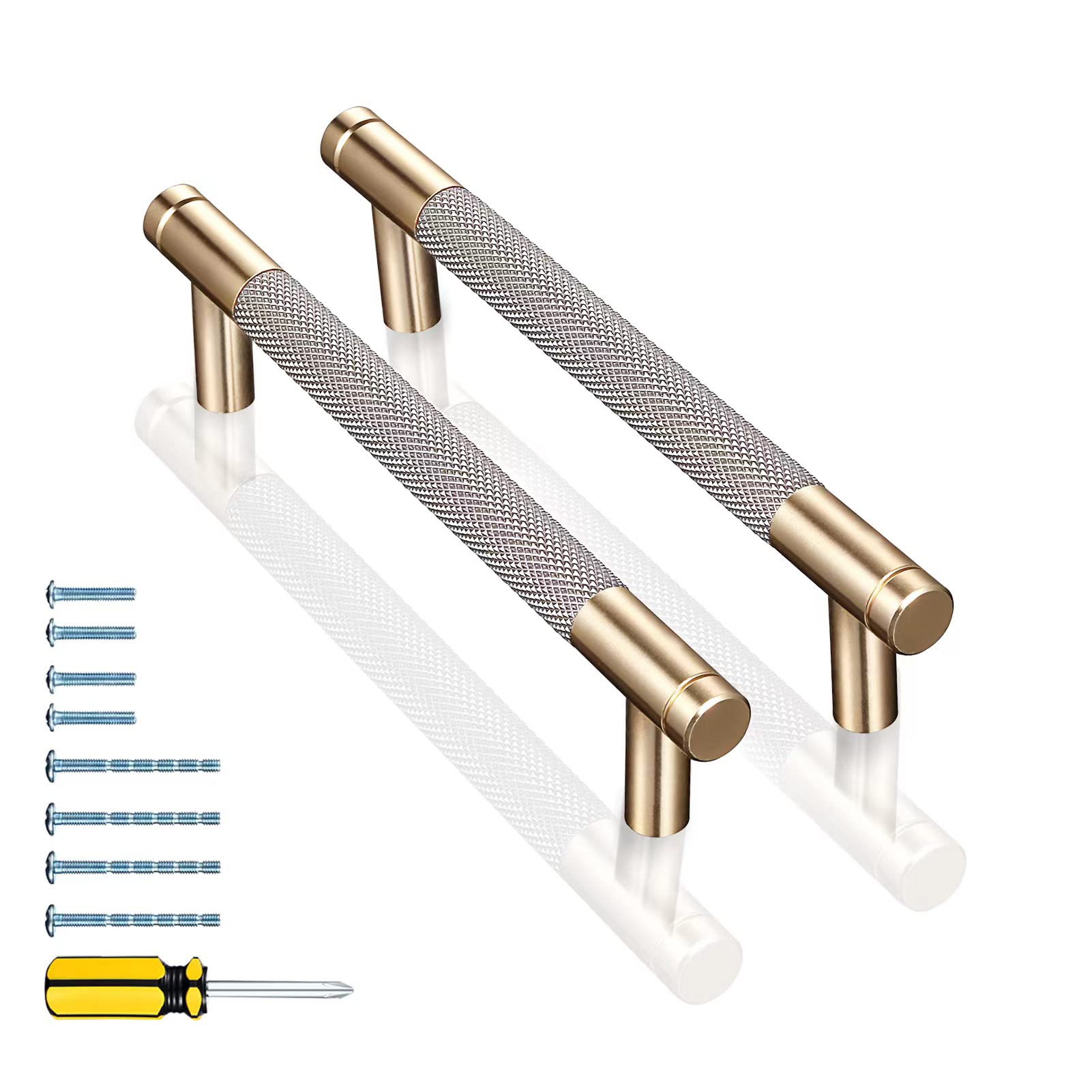 GTKHAAPPY 12-Pack 5 Inch Modern Grey & Gold Aluminum Cabinet Handles - Knurled Diamond Pattern Drawer Pulls for Kitchen Cabinets, Bathroom Vanity, Wardrobe & Furniture (3.75