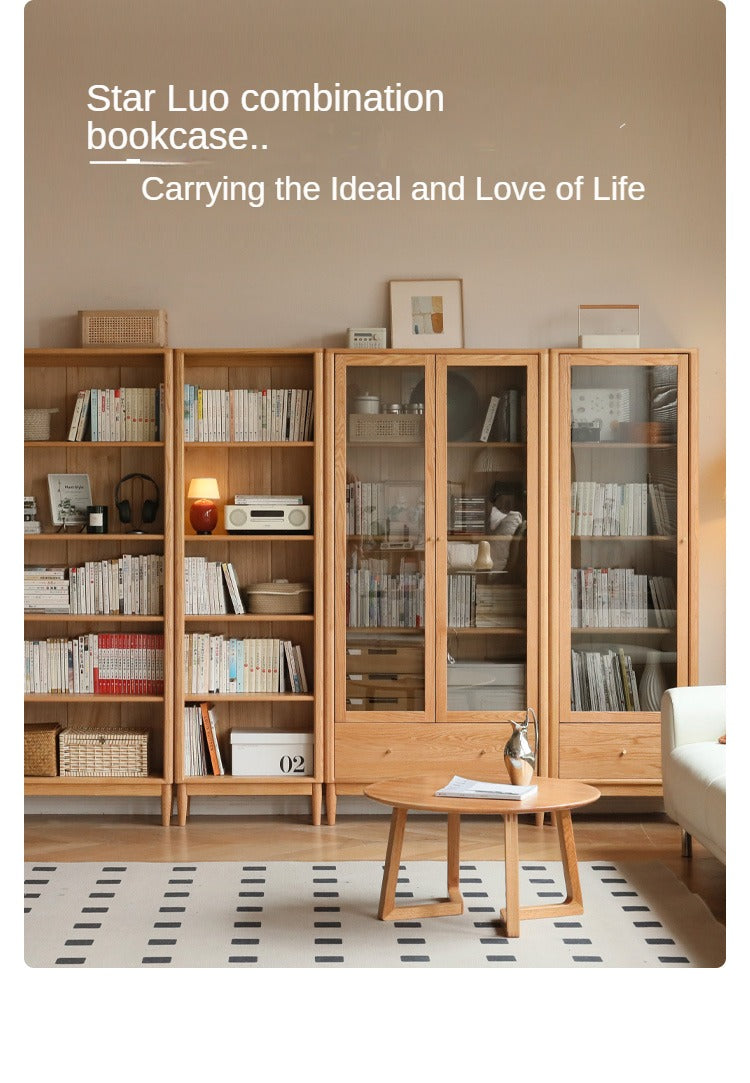 Oak Solid Wood Modern Glass Door Bookcase - Stylish Bookshelf for Living Room, Office & Library - Perfect for Home Decor & Book Storage