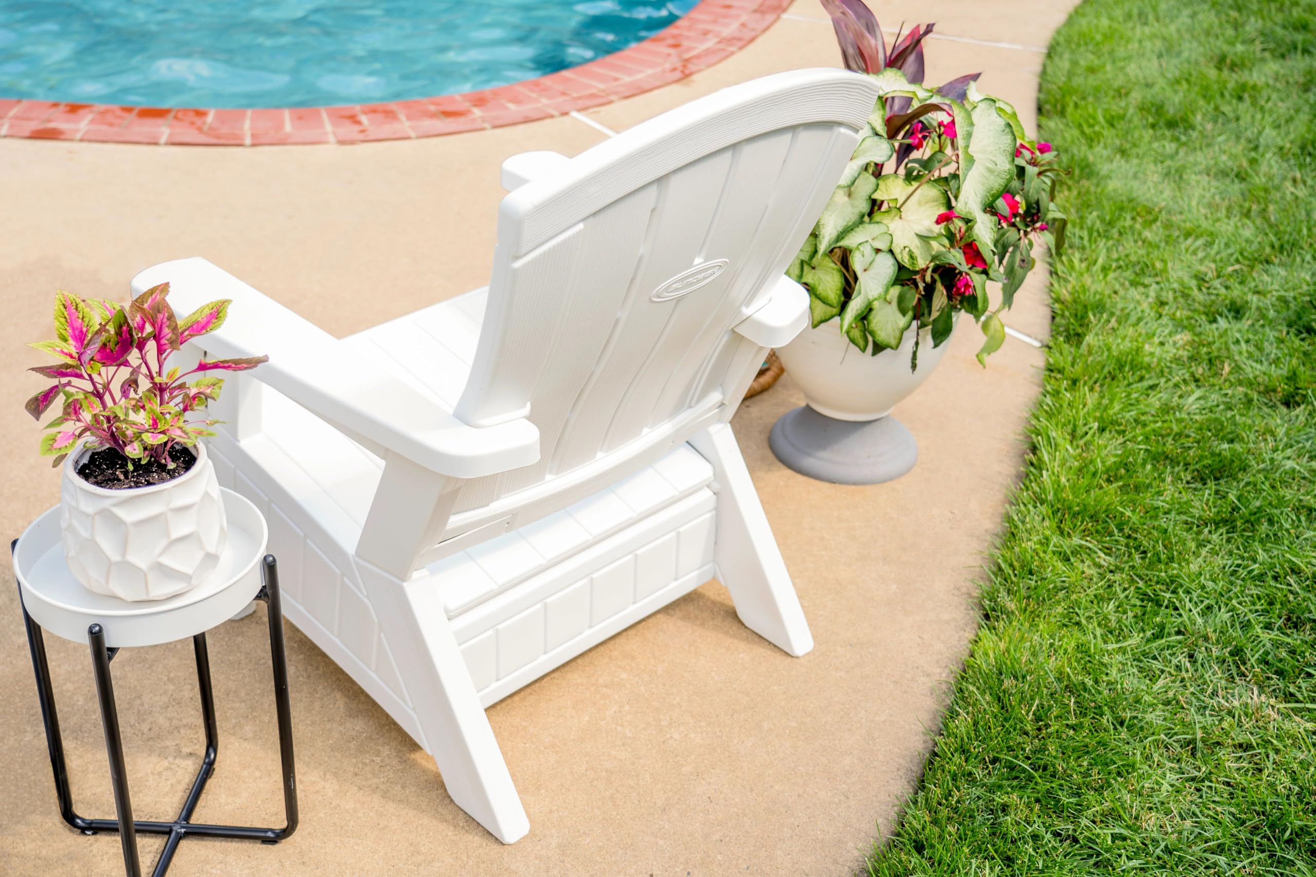 Suncast UV-Resistant White Adirondack Patio Chair with Built-in Seat Storage - Durable Outdoor Furniture for Backyard, Garden, Poolside & Deck Relaxation