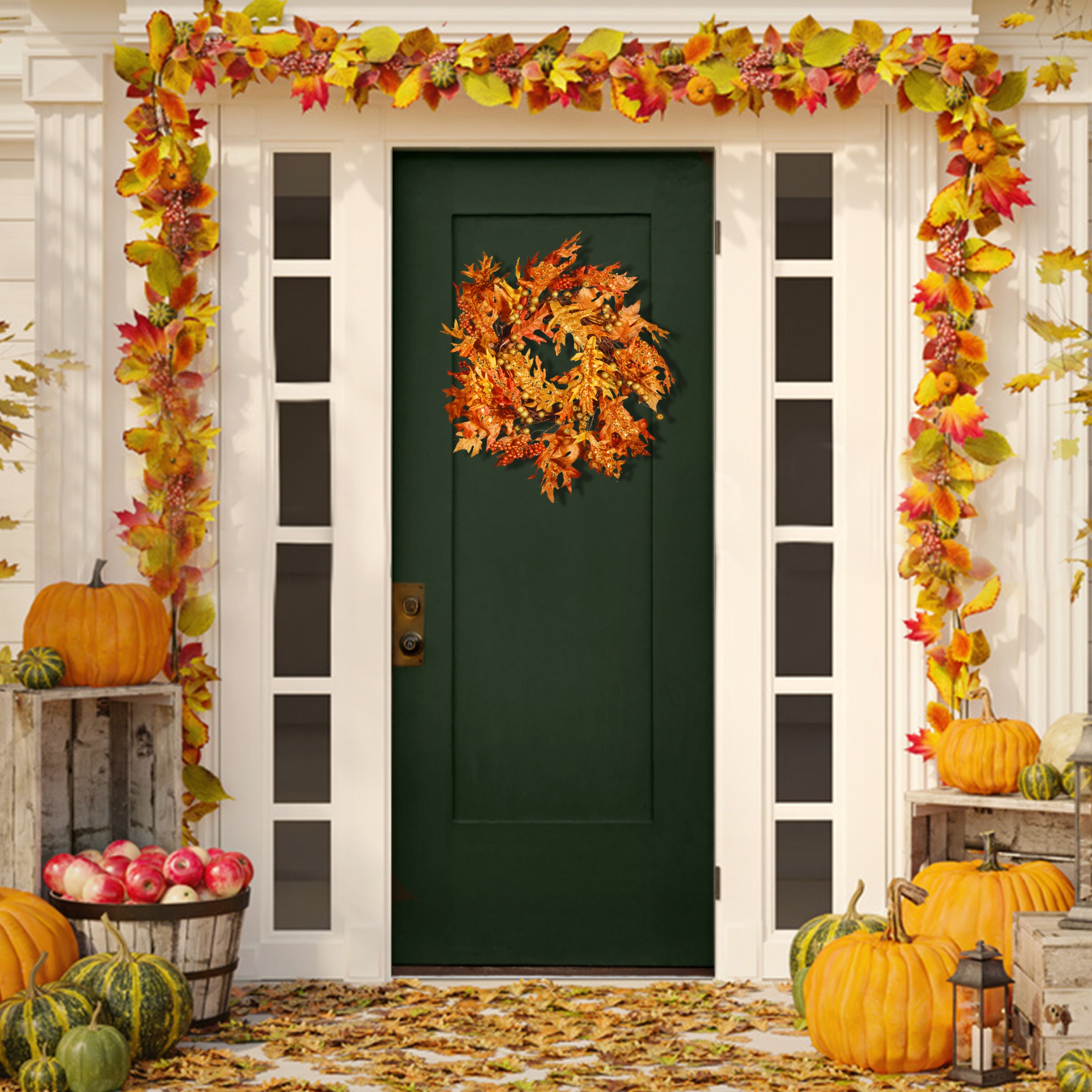 24 Inch Autumn Wreath with Maple Leaves & Berry Clusters - Front Door Decor for Fall Season | Thanksgiving & Halloween Home Decoration