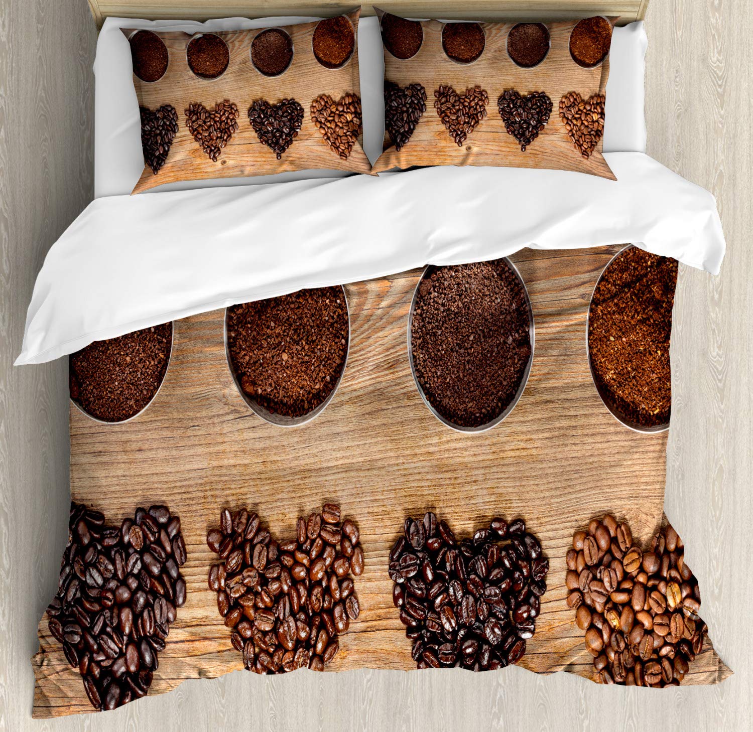 Ambesonne King Size Coffee Duvet Cover Set - Heart-Shaped Coffee Bean Design with 2 Pillow Shams, 3-Piece Dark Brown & Caramel Bedding | Perfect for Coffee Lovers' Bedroom Decor & Cozy Home Styling