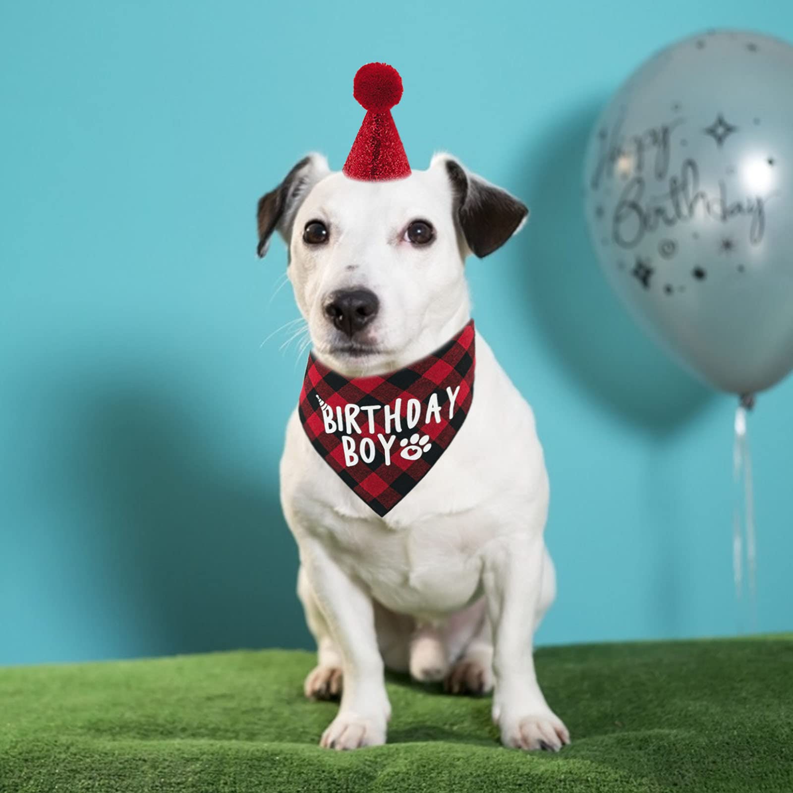 HACRAHO 2-Piece Dog Birthday Bandana and Hat Set - Cute Plaid Scarf & Party Hat for Puppy Birthday Outfits - Perfect for Dog Birthday Parties, Photo Shoots & Special Occasions (Red)