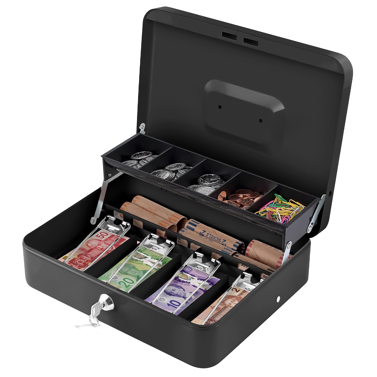 Heavy Duty Metal Cash Box with Key Lock - Secure Money Safe for Home, Retail Business, Fundraisers & Yard Sales - Portable Personal Cash Storage (Black) - Perfect for Small Business Cash Handling & Home Security