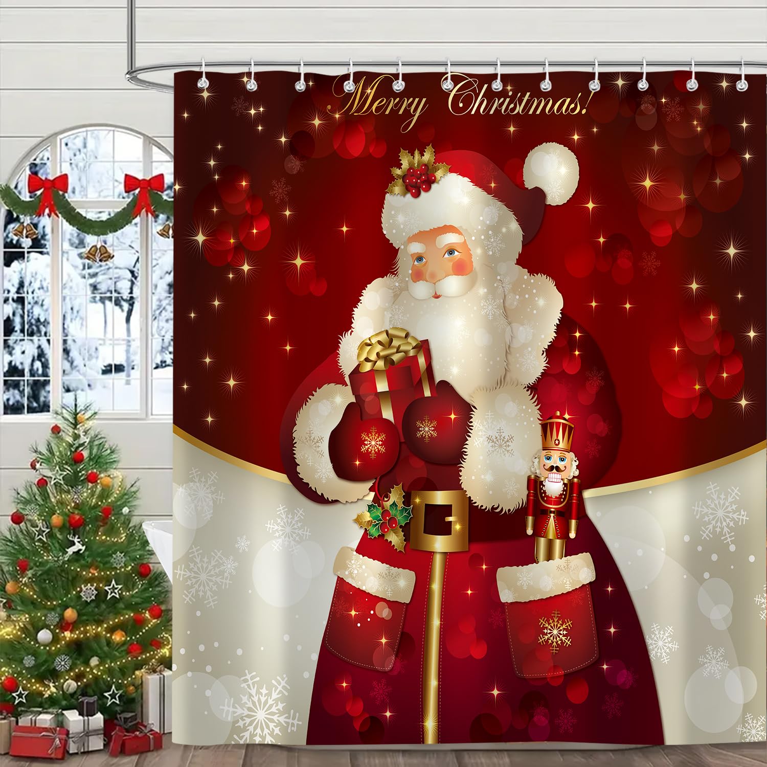 Christmas Santa Claus Shower Curtain - 72x72 Inch Red Holiday Bathroom Decor with Hooks, Festive Xmas Fabric Shower Curtain Set for Winter Bathroom Accessories - Perfect for Holiday Home Decor & Christmas Party Bathroom Themes