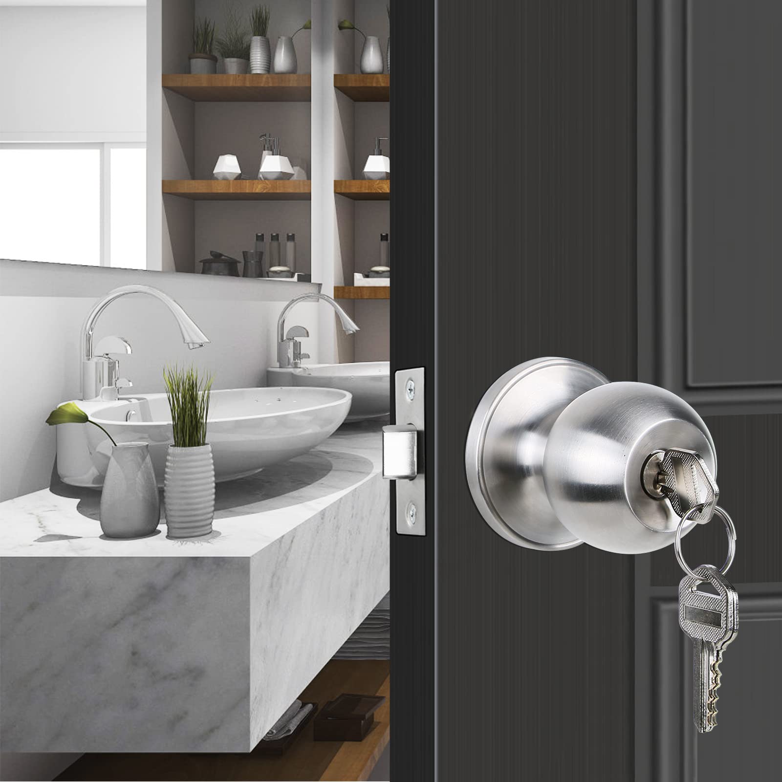 Stainless Steel Door Knob with Lock & Key - High Security Bedroom Door Handle, Ball Style Doorknob with 3 Keys & 3-Year Warranty | Perfect for Home, Office, Apartment & Interior Door Security