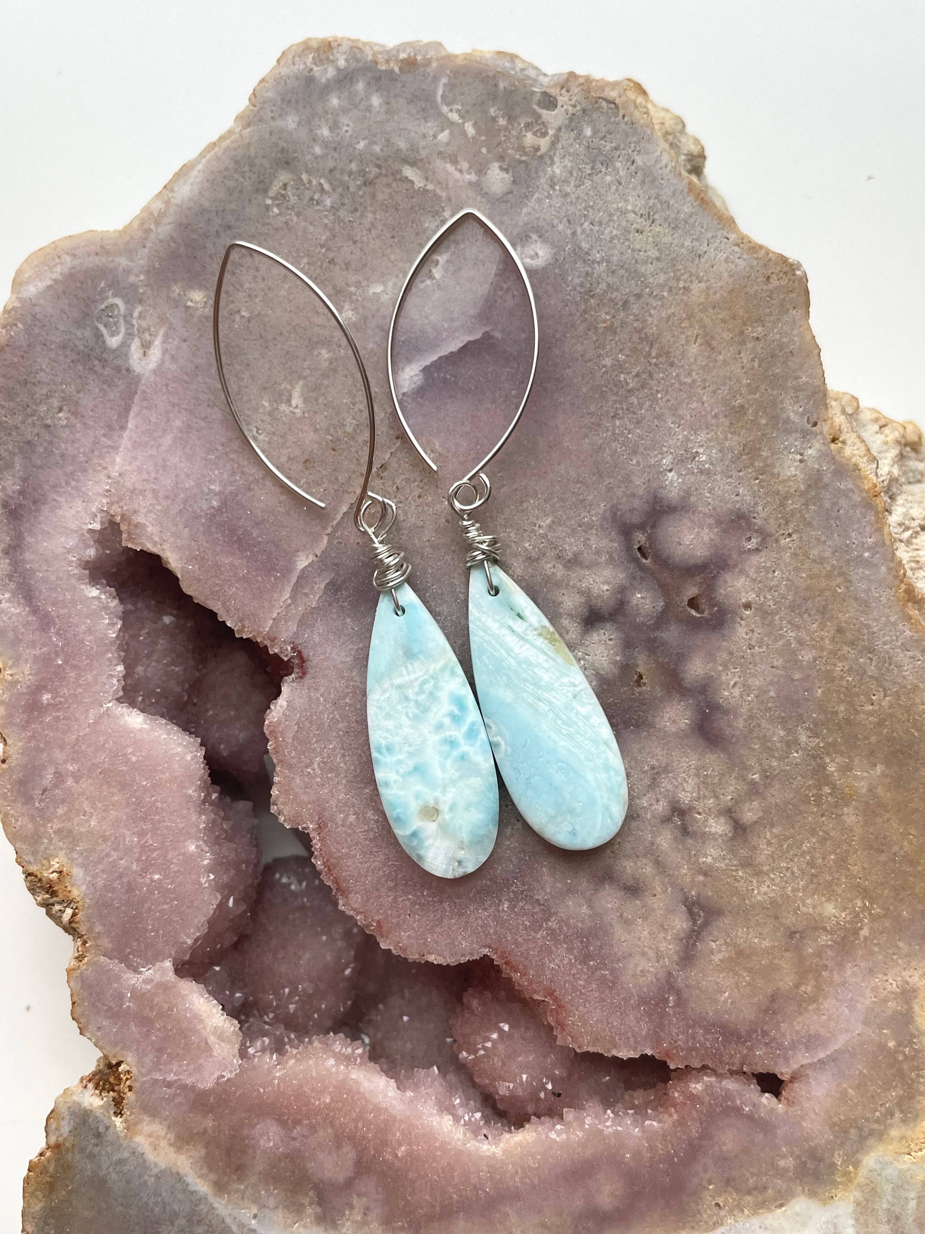 Long Larimar Earrings Dangle Sterling Silver – Handmade Blue Gemstone Jewelry for Women | Perfect for Weddings, Parties & Everyday Elegance