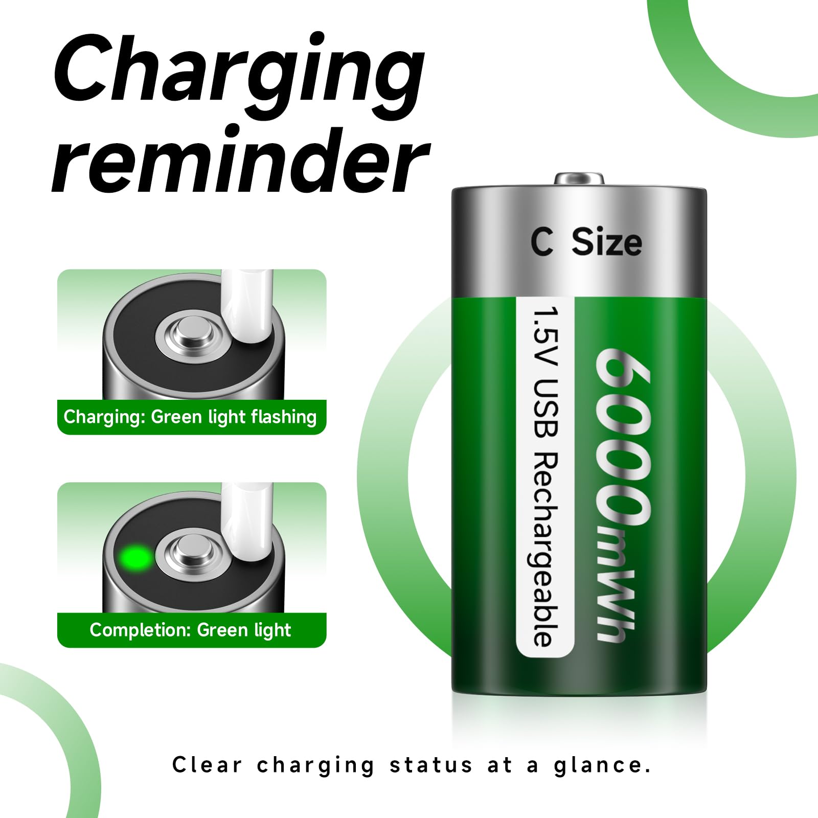 USB Rechargeable C Batteries 1.5V 6000mWh - High Capacity LR14 Battery with Type-C Charging Cable, LED Indicator, 3-Hour Fast Charge, 1200+ Cycles (6-Pack) - Perfect for Flashlights, Toys, Radios & Emergency Kits