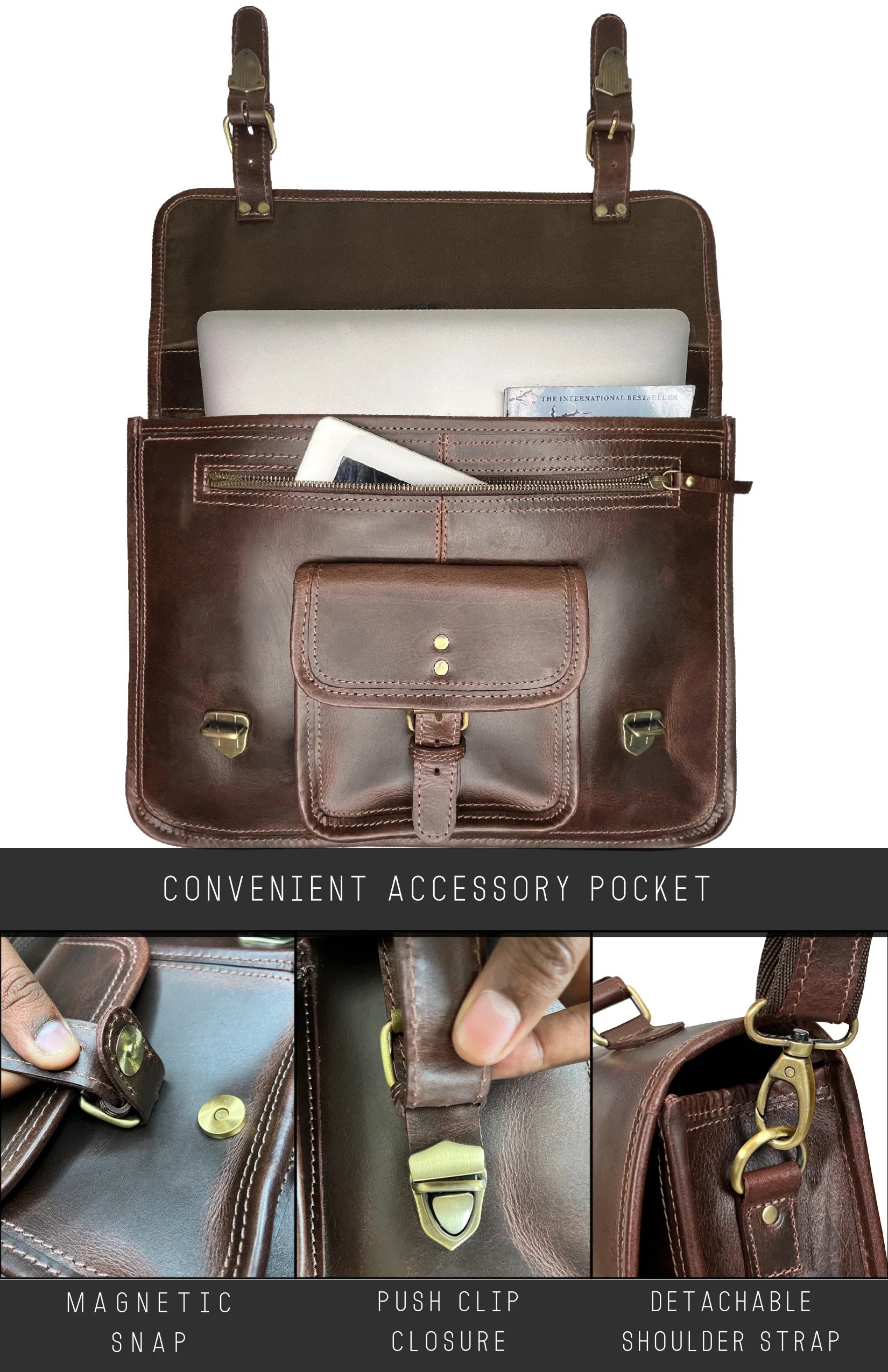 Hunter Buffalo 16 Classic Leather Satchel Briefcase Bag for Men & Women - Genuine Walnut Brown Business Bag - Perfect for Office, Work, Travel & Daily Commute