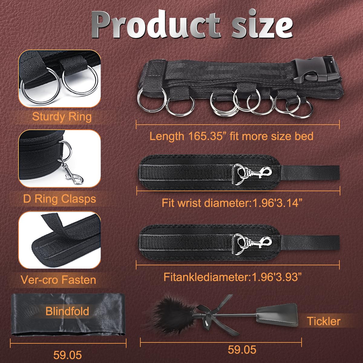 Premium BDSM Bondage Restraint Kit for Couples - Under Mattress Wrist & Ankle Cuffs Set with Blindfold & Tickler - Adult Sex Toys for Spicy Bedroom Play, Roleplay and Sensual Exploration