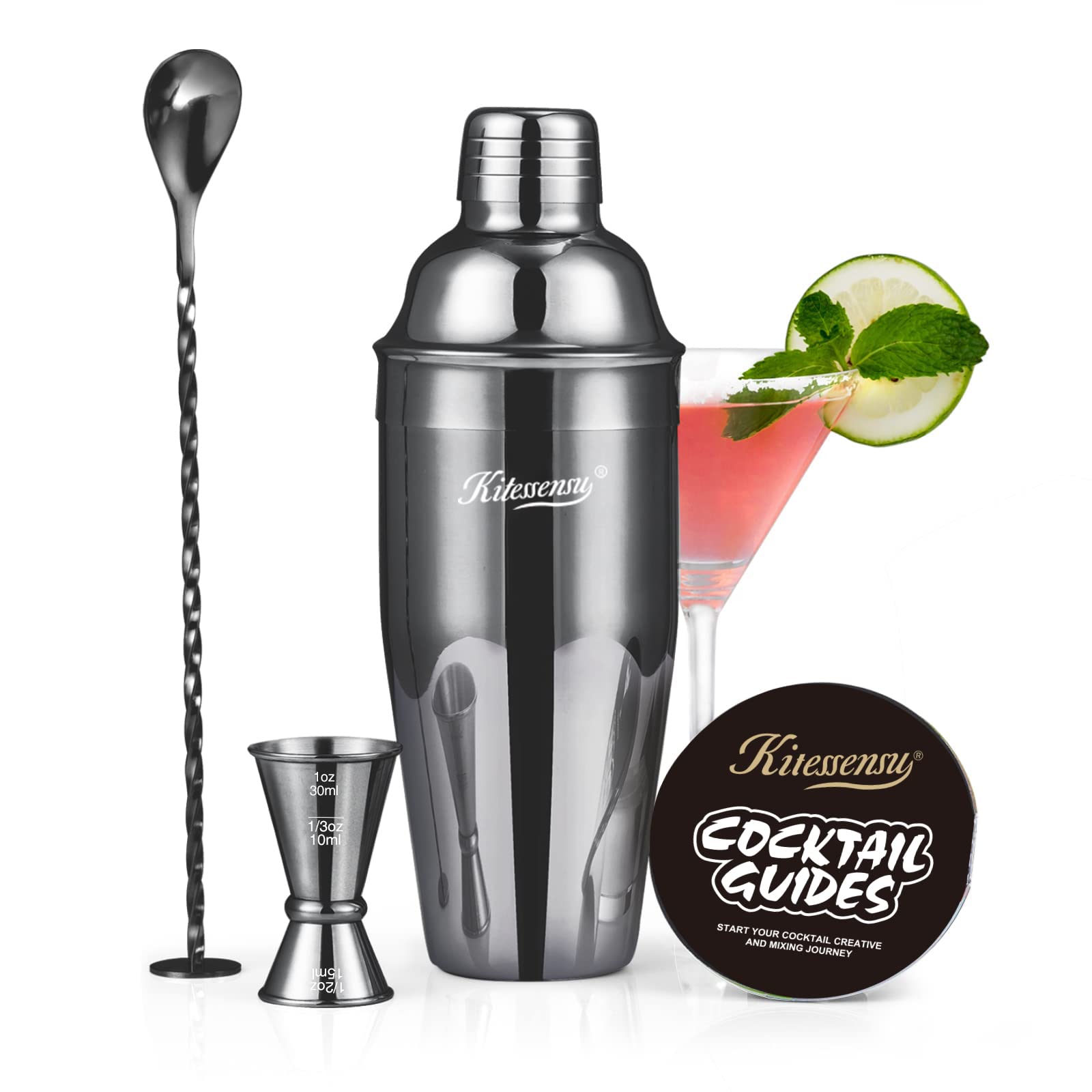 Premium Stainless Steel Cocktail Shaker Set - 24oz Bartender Kit with Mixer, Jigger, Bar Spoon & Recipe Guide - Perfect for Home Bars, Parties & Professional Mixology
