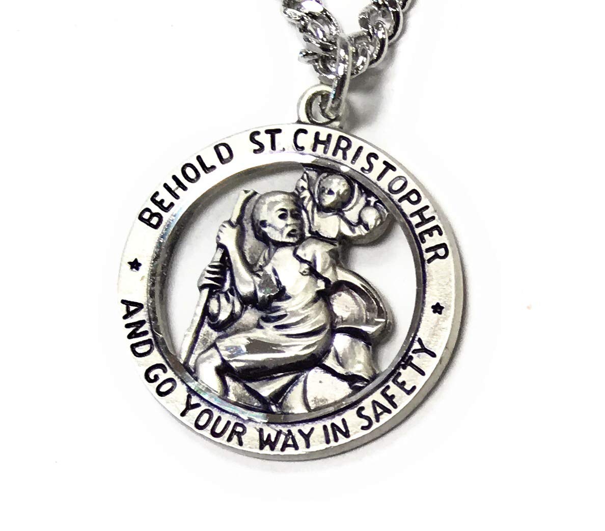 St. Christopher Sterling Silver Medal Pendant with 24 Inch Chain Necklace - Religious Jewelry for Travel Protection & Men's/Women's Fashion