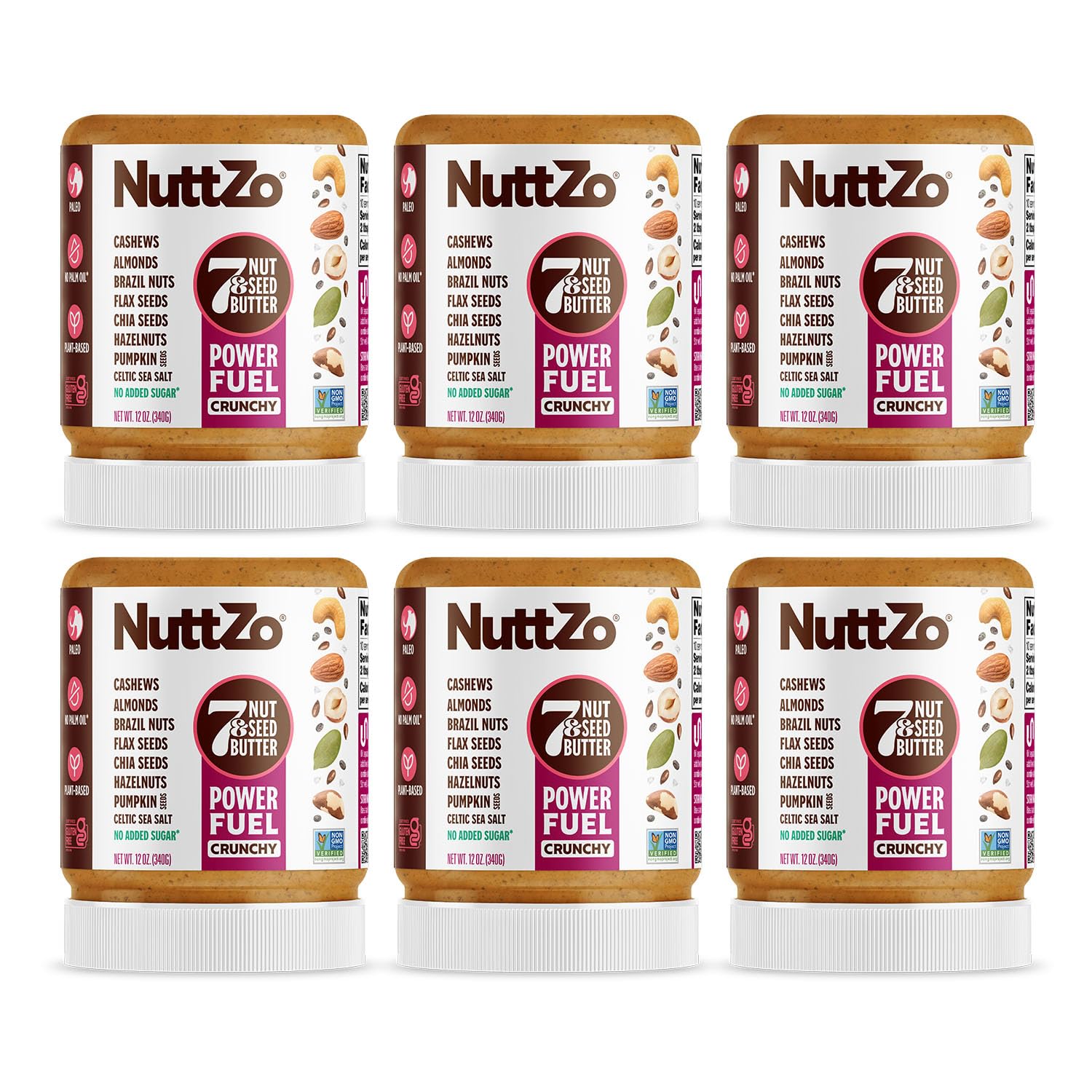 NuttZo Natural Power Fuel Crunchy 7 Nuts & Seeds Butter - Paleo, Keto, Vegan Friendly | Peanut & Gluten Free, Kosher, No Added Sugar or Oil | 12 oz Jar, 6 Pack | Perfect for Smoothies, Toast & Healthy Snacking