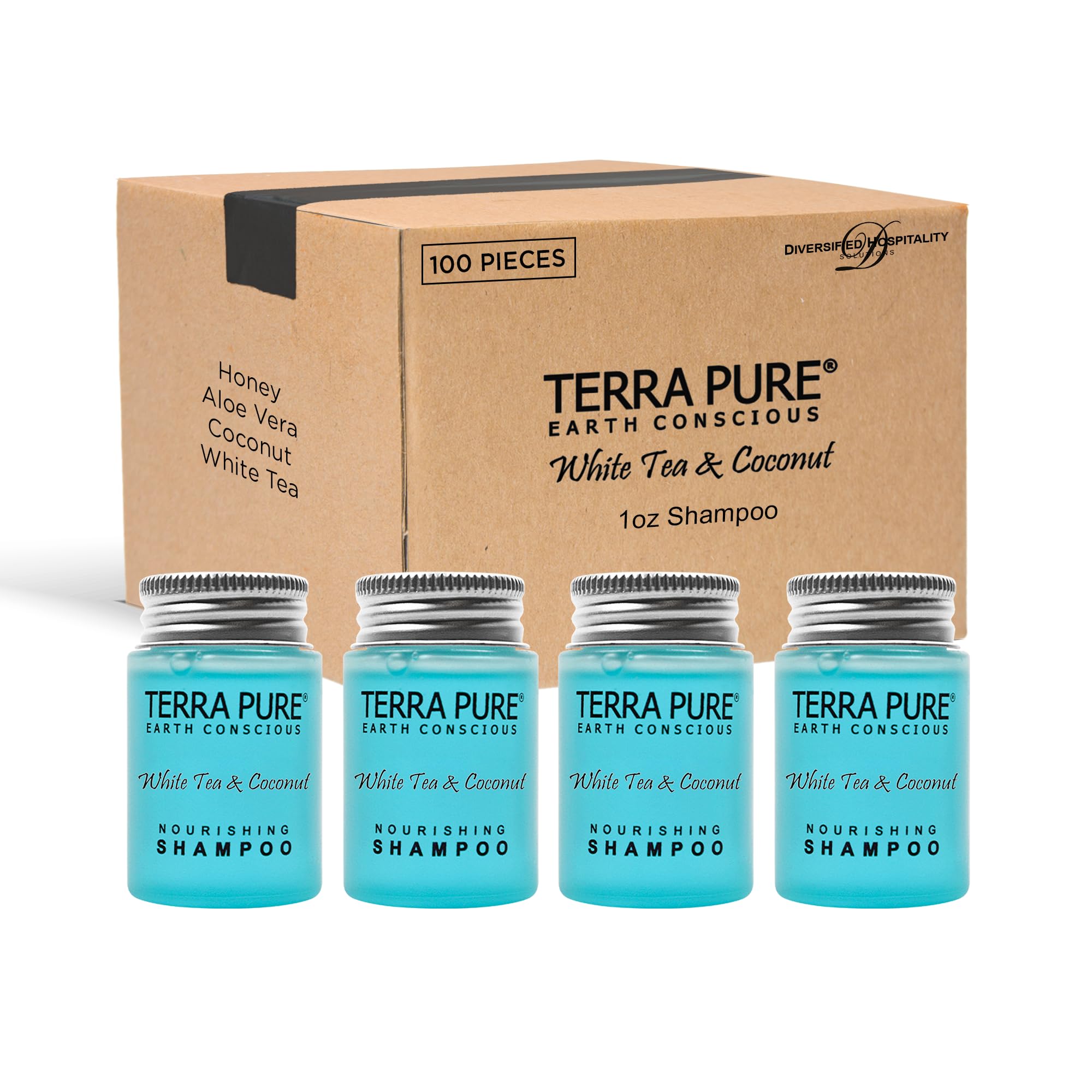 Terra Pure White Tea & Coconut Shampoo, Conditioner & Body Wash Travel Size Set - 1 oz Each (Pack of 100) | Hotel Amenities, Travel Toiletries, Gym Essentials & Vacation Must-Haves