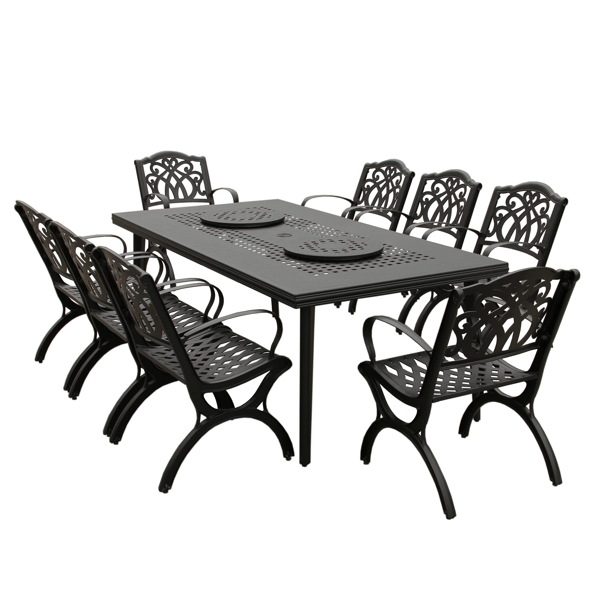 Oakland Living Modern Ornate Outdoor Mesh Aluminum 84-inch Black Rectangular Patio Dining Set with 2 Lazy Susans & 8 Chairs - Perfect for Backyard BBQs, Garden Parties & Outdoor Entertaining