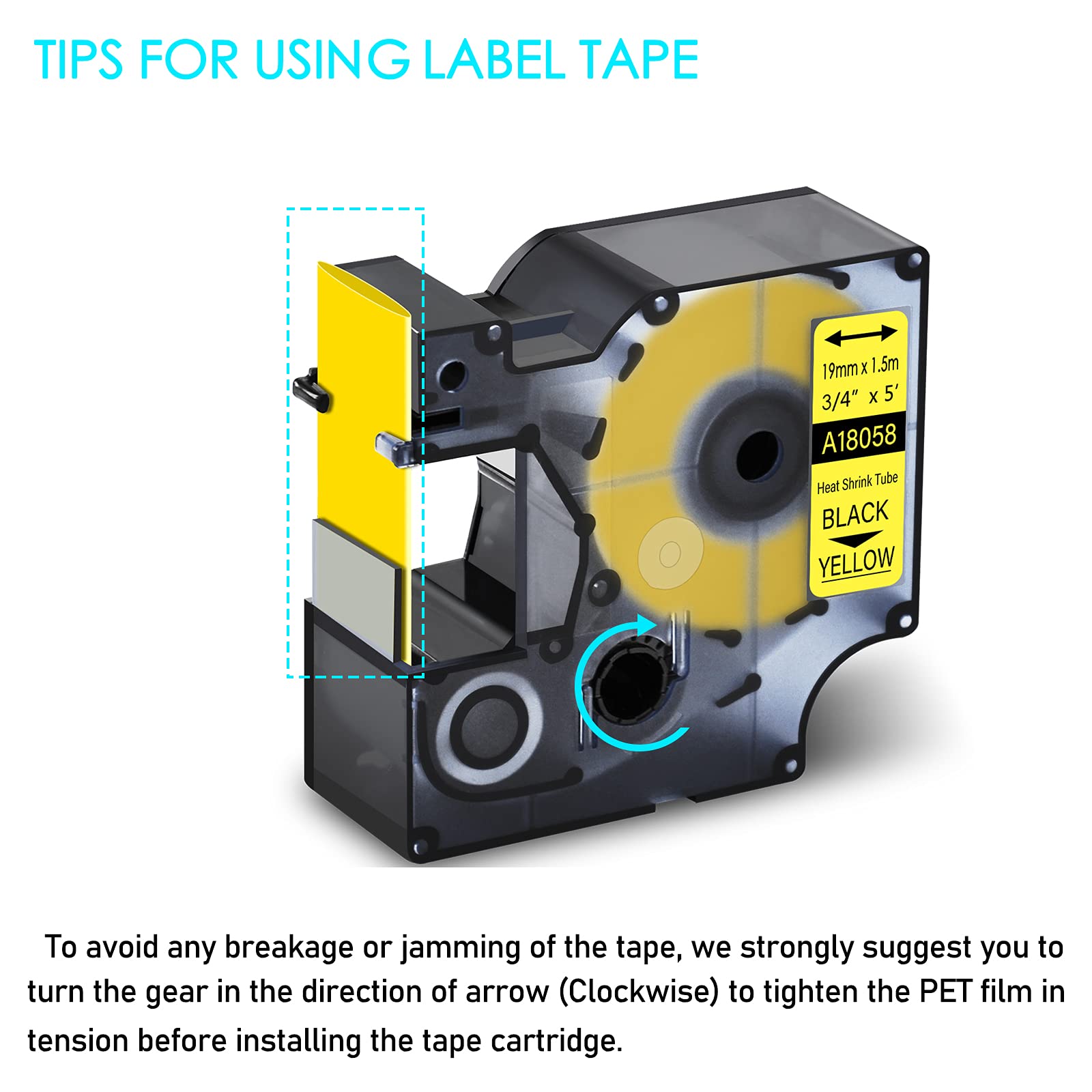 GREENCYCLE Compatible Dymo 18058 Heat Shrink Label Tape - 3/4-Inch (19mm) x 5ft (1.5m) - Black on Yellow (50 Pack) - Works with DYMO Rhino 5200 4200 5000 6000 Label Makers - Perfect for Cable Wires, Industrial Equipment & Electrical Component Labeling