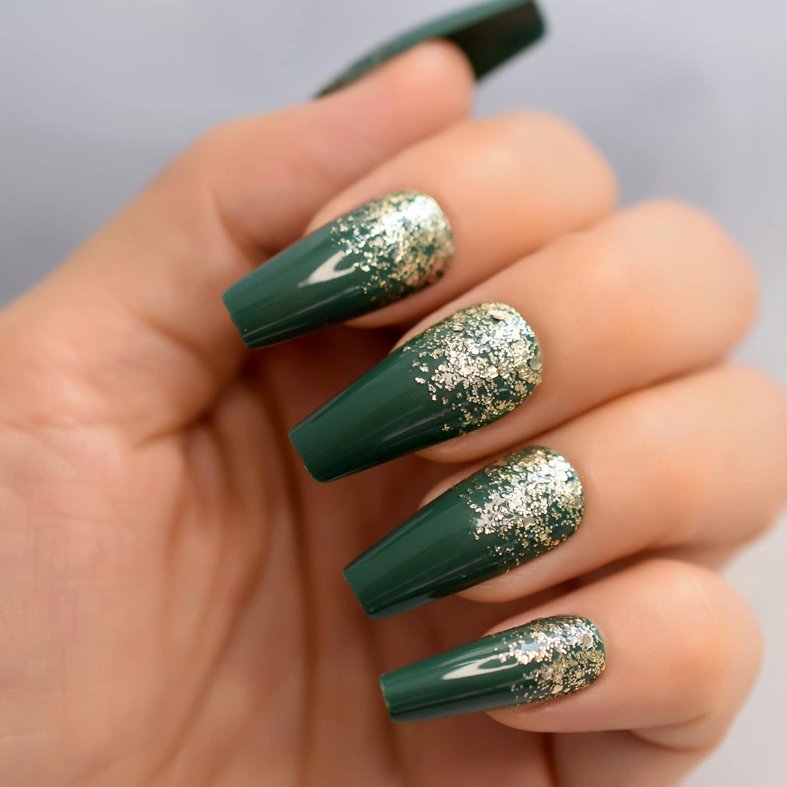 Coolnail Green French Press False Nails with Silver Sequins Glitter - Long Ballerina Coffin Full Cover Artificial Nails for Party, Wedding, Prom & Special Occasions
