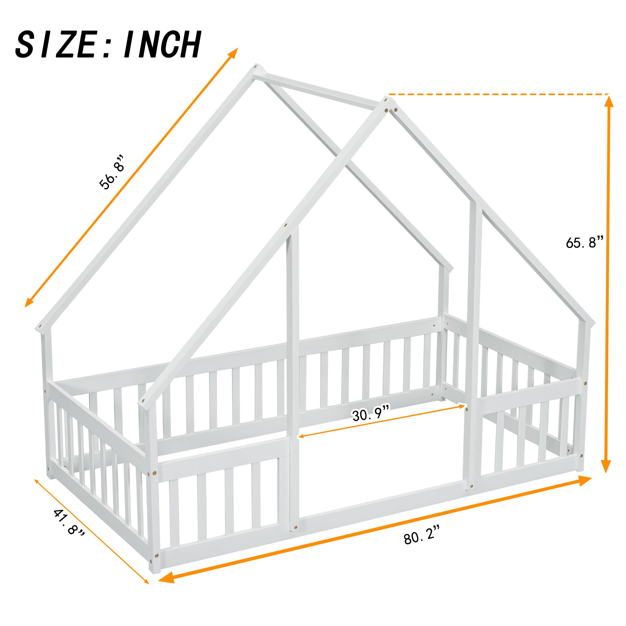 Montessori Twin Size House Bed for Kids - Wooden Floor Bed with Safety Fence Rails - White Bed Frame for Girls, Boys & Teens - Perfect for Playrooms, Bedrooms & Montessori Learning Spaces