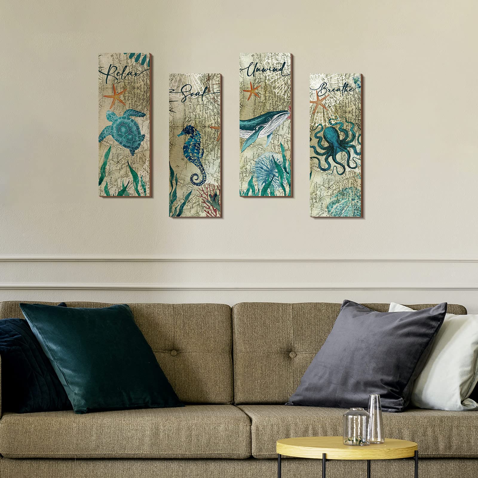 4-Piece Coastal Wall Art Set - Sea Turtle & Octopus Wooden Signs for Beach Bathroom Decor, Nautical Bedroom Pictures, Teal Kitchen Accessories | Perfect for Coastal, Ocean & Nautical Home Decor Themes