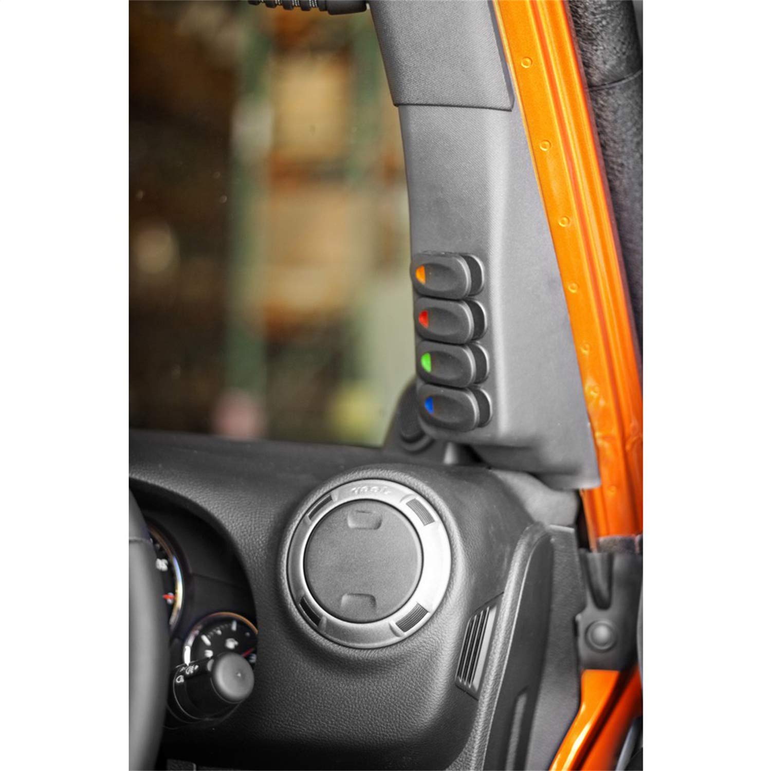 Rugged Ridge Switch Pod Kit for Jeep Wrangler JK (2011-2018) - A-Pillar Mount with 4 Switches, Black, RHD (Part# 17235.97) | Off-Road Lighting & Accessory Control for Enhanced 4x4 Adventures
