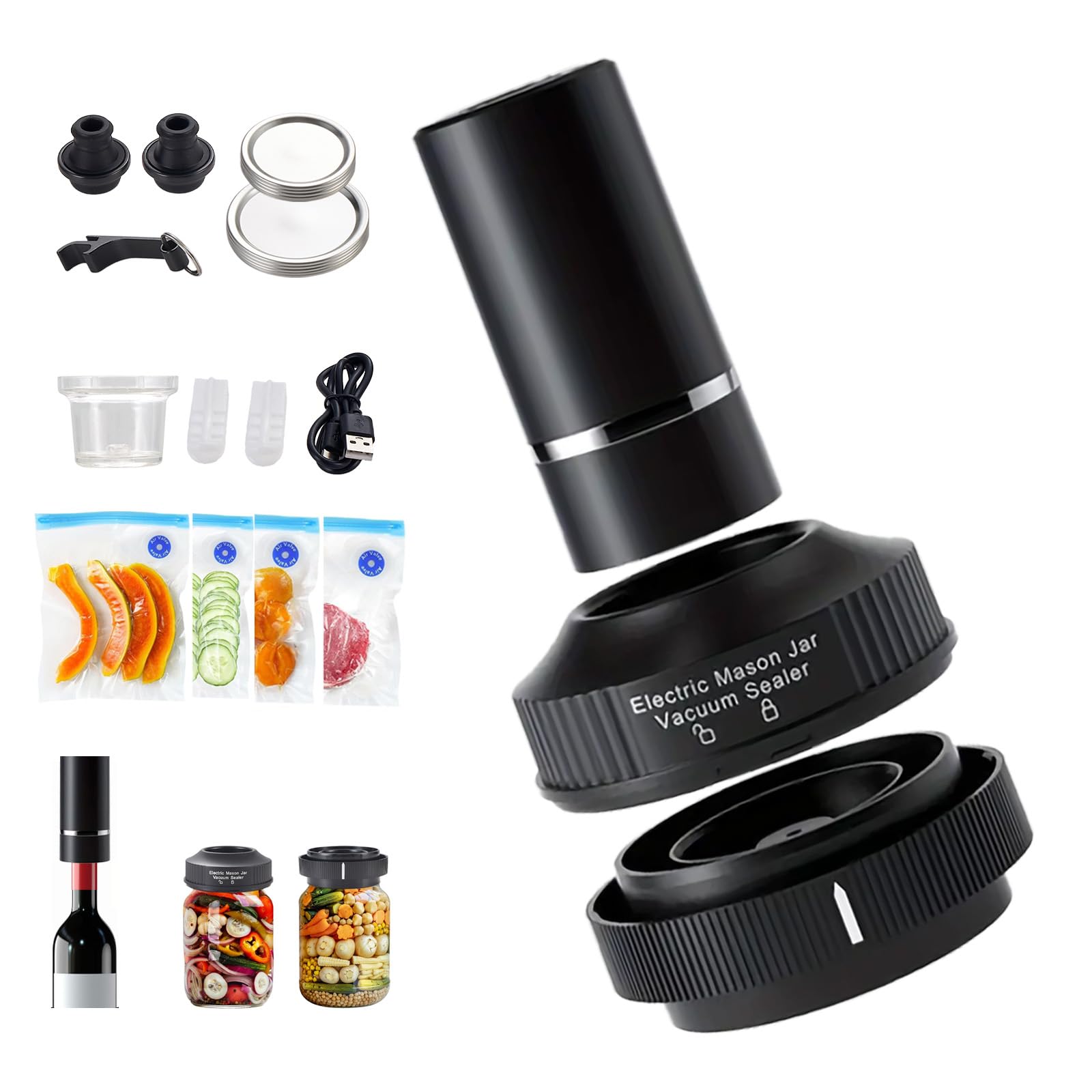 Electric Mason Jar Vacuum Sealer Kit - Wide & Regular Mouth Canning Sealer with Food & Wine Vacuum Sealer Bags - Perfect for Meal Prep, Food Storage & Wine Preservation