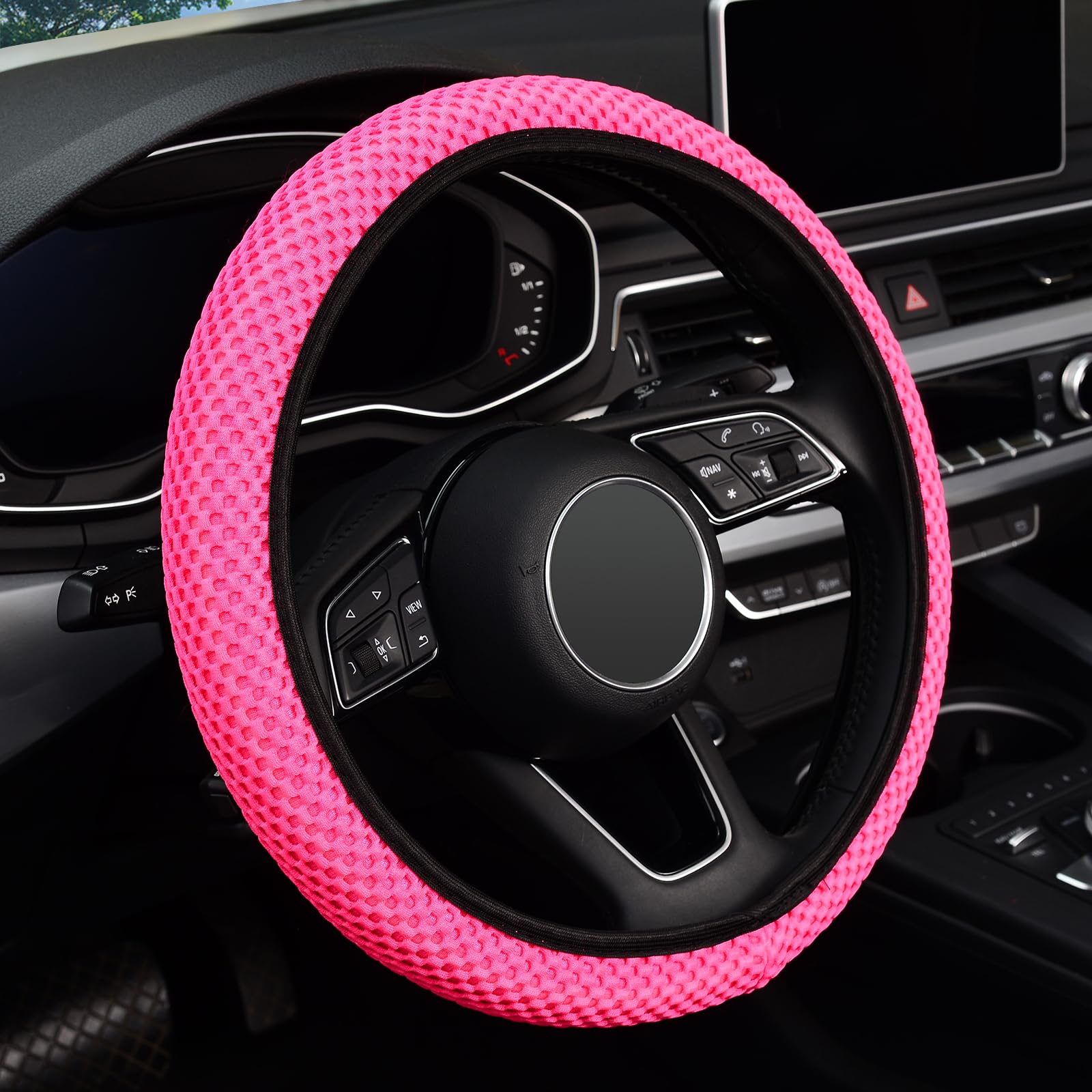 LABBYWAY Microfiber Car Steering Wheel Cover - Universal 15 Inch Elastic Stretch Steering Wheel Cover for Comfort (Pink) | Keeps Hands Warm in Winter & Cool in Summer | Perfect for Daily Commuting & Road Trips