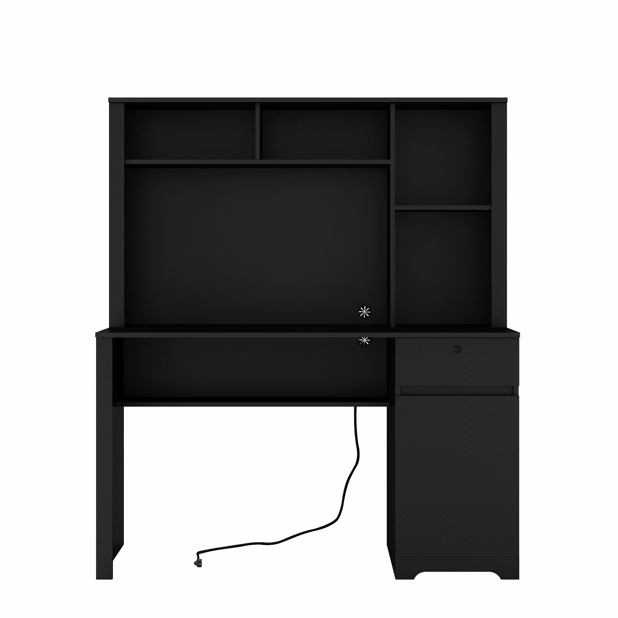 Wooden Computer Desk with Hutch & Bookshelf - Home Office Desk with Drawers, 3 AC Outlets & 2 USB Ports - Executive Desk for Teens, Students & Professionals - Perfect for Study, Work & Remote Learning (Black)